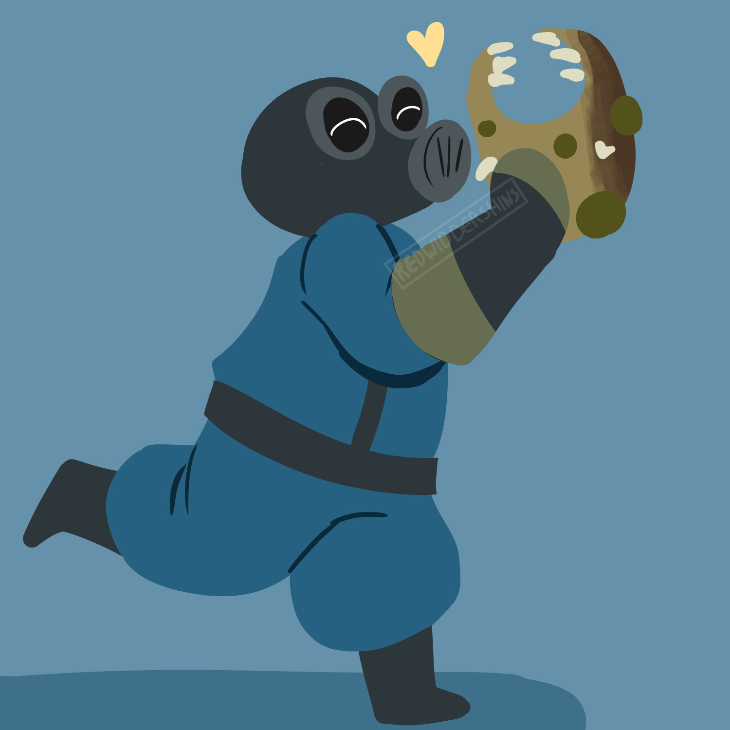 Image Description: A lineless digital illustration of BLU Pyro picking up a bread monster, who's snarling at them. Pyro looks content as a small yellow heart floats above them.