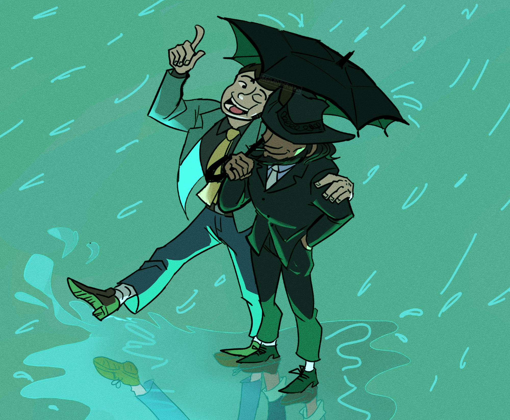 Image Description: A digital illustration of Jigen and Lupin happily walking in the rain, dressed in their Part 1 colours, with Lupin in his green jacket and Jigen wearing a blue shirt underneath a black suit. Lupin is animatedly talking as he rests a hand on Jigen's shoulder. Jigen is holding a black umbrella with a hand in his pocket. In the puddle below them, their partially-seen reflections are their child selves, as portrayed in Lupin Zero. The background is green with some stylised raindrops. The lighting is coming from the puddle and it's a bright greenish-blue.