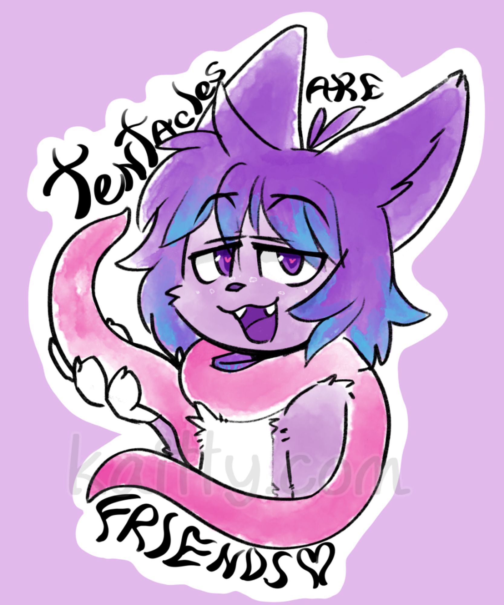 sticker of a purple cat holding a tentacle with the text "tentacles are friends"