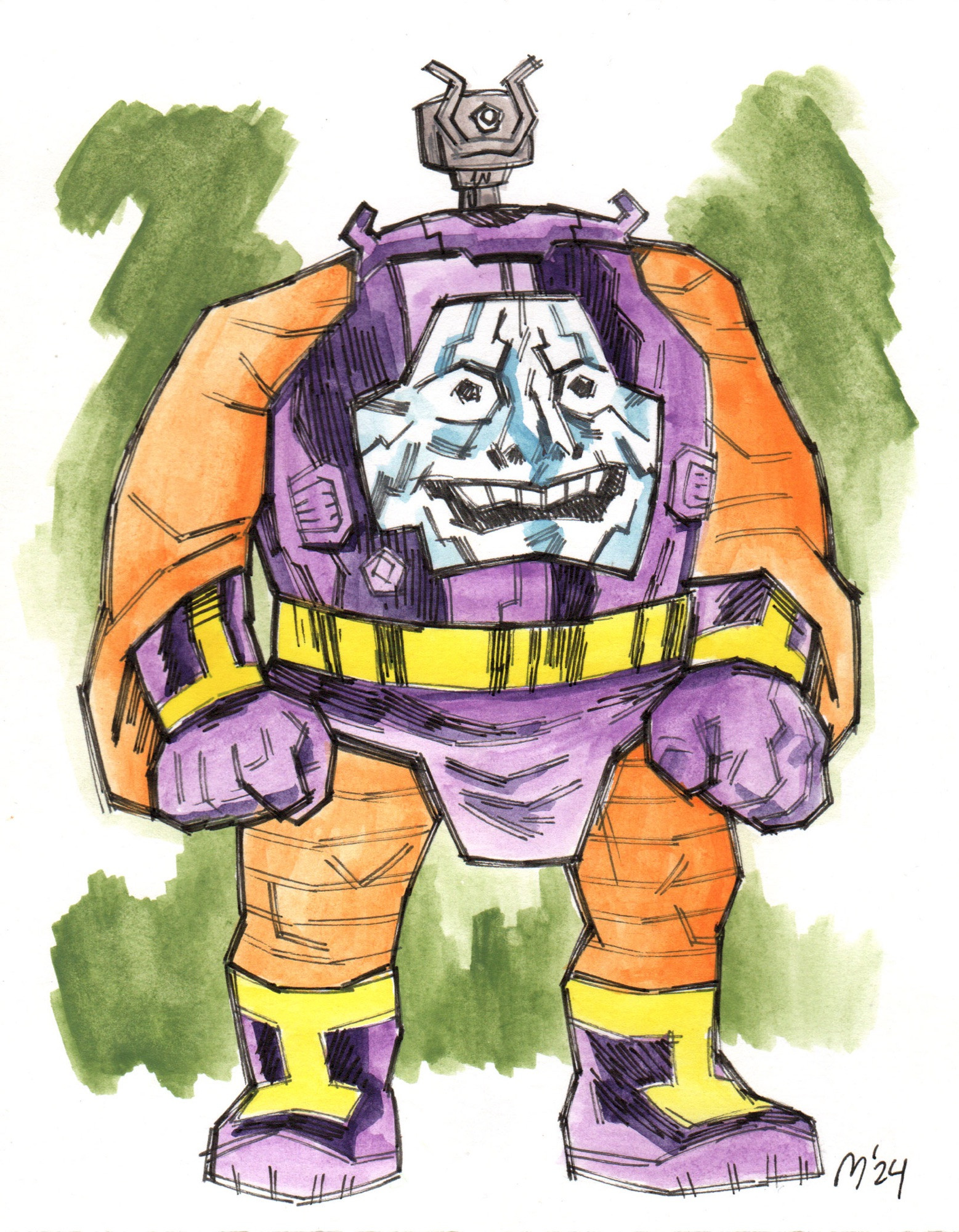 Drawing of old crazy Arnim Zola, who put his mind inside a robot body with a tv screen for a chest.