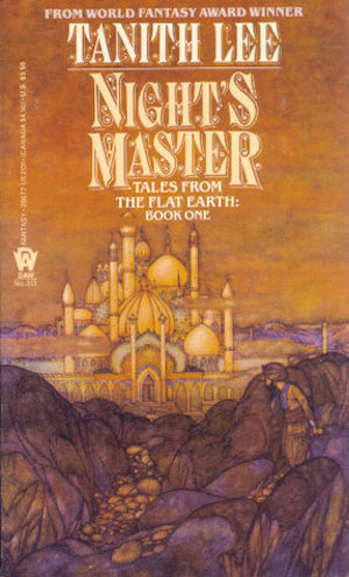 Cover to NIGHT'S MASTER by Tanith Lee, featuring an illustration of a distant Arabian-style palace in shades of bright yellow, with a murky yellow sky behind and outcroppings of rock, in purple, in the foreground. A bearded man in yellow, wearing a turban, stands among the rocks and gazes, perhaps furtively, at the palace.