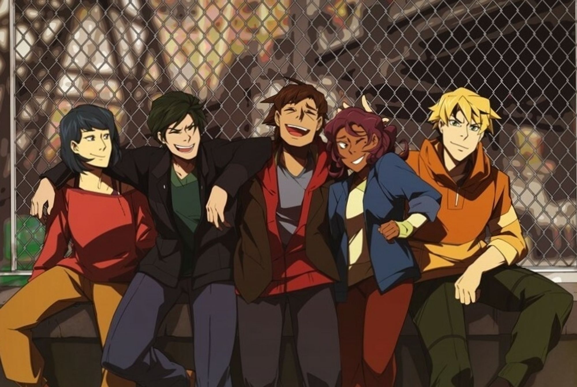 A drawing of an old photo of characters. They were all caught laughing in fading sunlight. From left to right-- Staccato looks on with a smile, Coda has his arms on her and Acers shoulders as he laughs, Acer has his head thrown back in laughter, and June gives a nervous smile at Ollie, who has smugly pushed her closer to Acer.