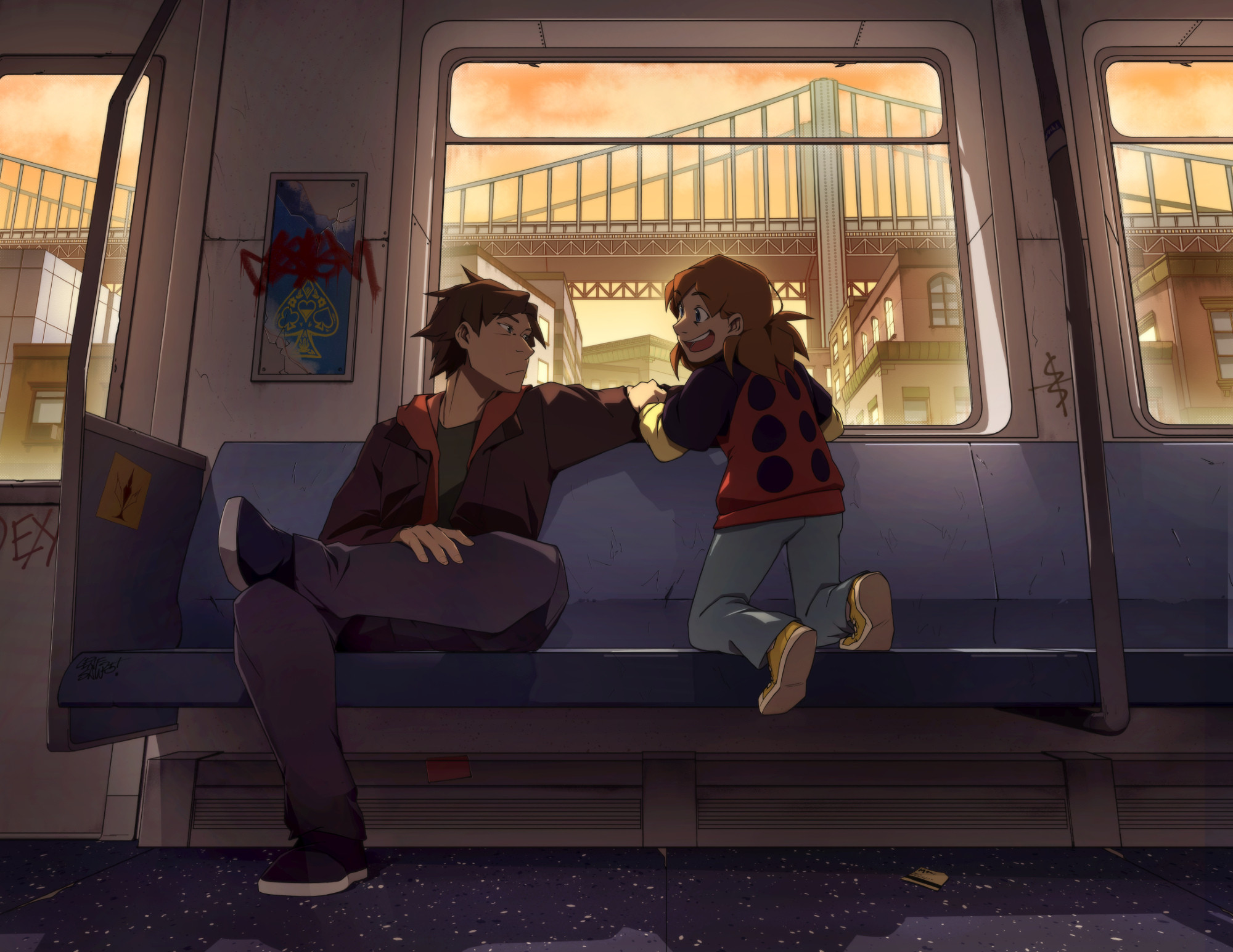 Two OCs, Acer and Clover, are riding on an above ground subway. Acer has his arm lazily wrapped around the back of the seat with one leg on top the other while Clover kneels backwards on seat beside him to look out the window while holding onto his arm. Clover has a wide childish smile as she excitedly reports back to Acer everything she sees outside. Acer is looking back at her without much expression, but he's listening to every word she says.