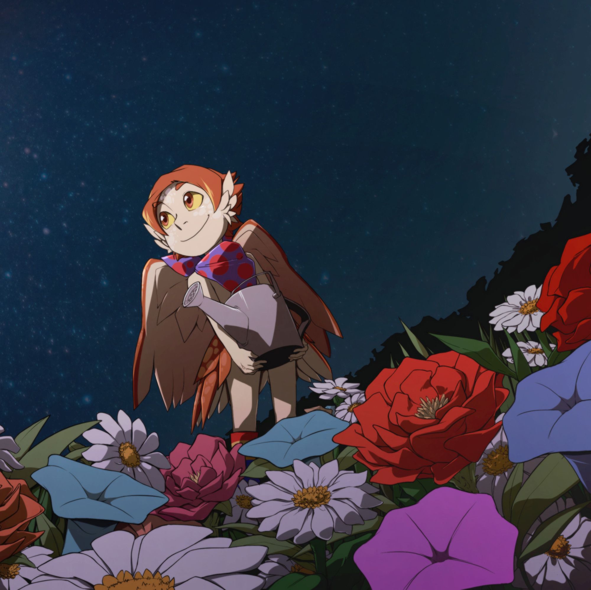 Sierra, a small harpy child, stands in a field of flowers with a watering can and looks to the night sky with a smile.