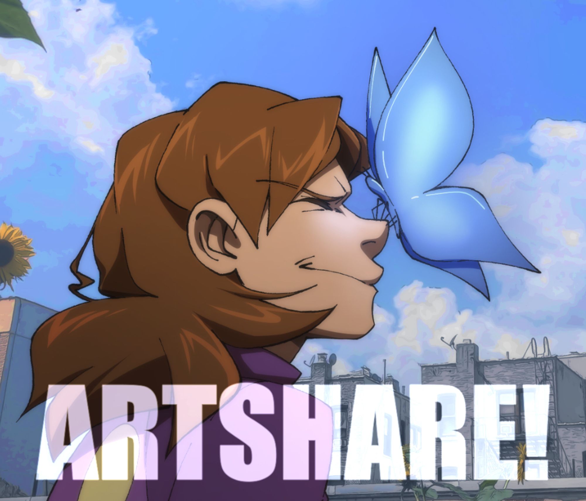 Clover, an original character, scrunches her nose as a blue sky-themed butterfly lands on it. The word ARTSHARE is on the bottom in bright white.