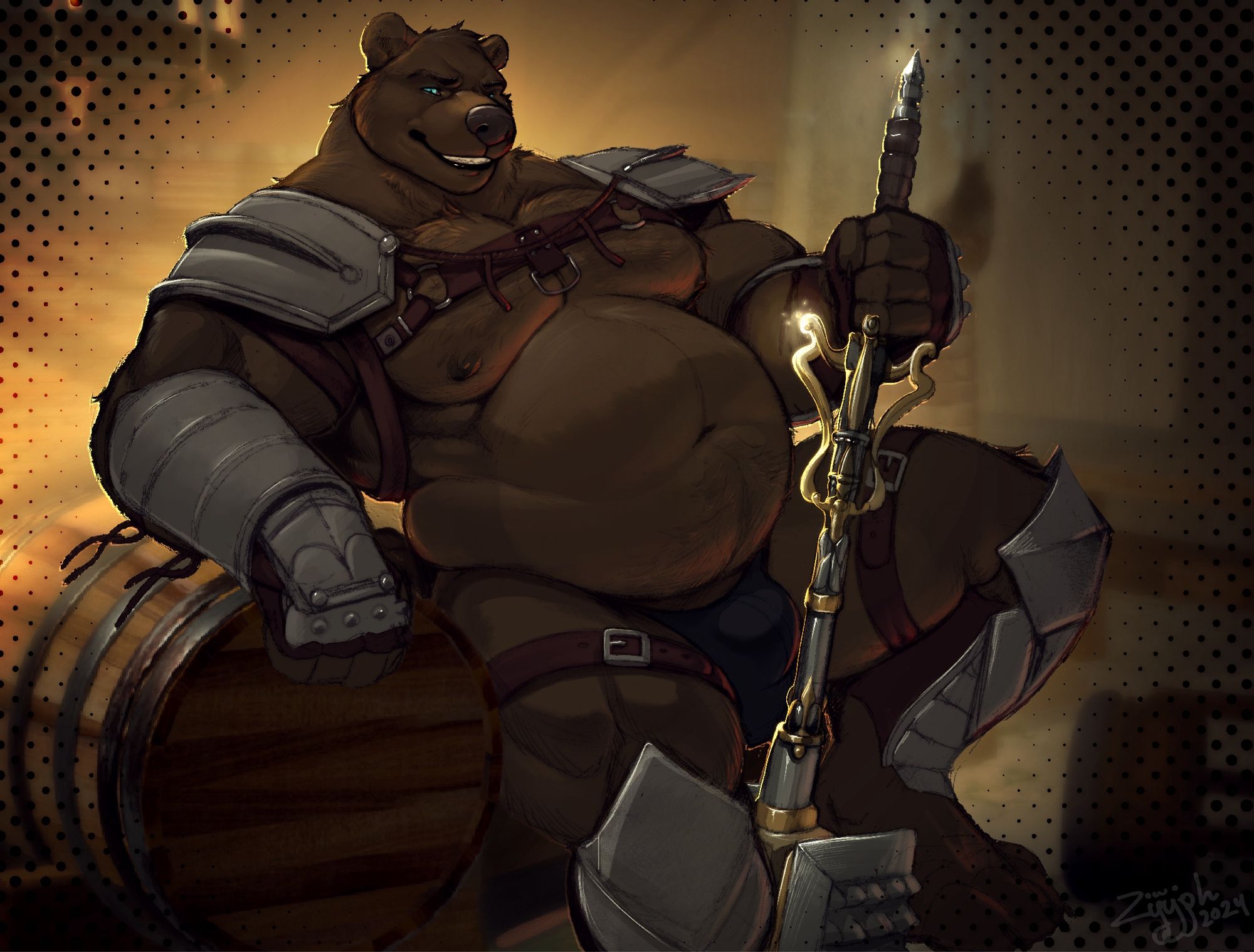 A bear wearing revealing armor bracing himself against a cask of ale and his war hammer