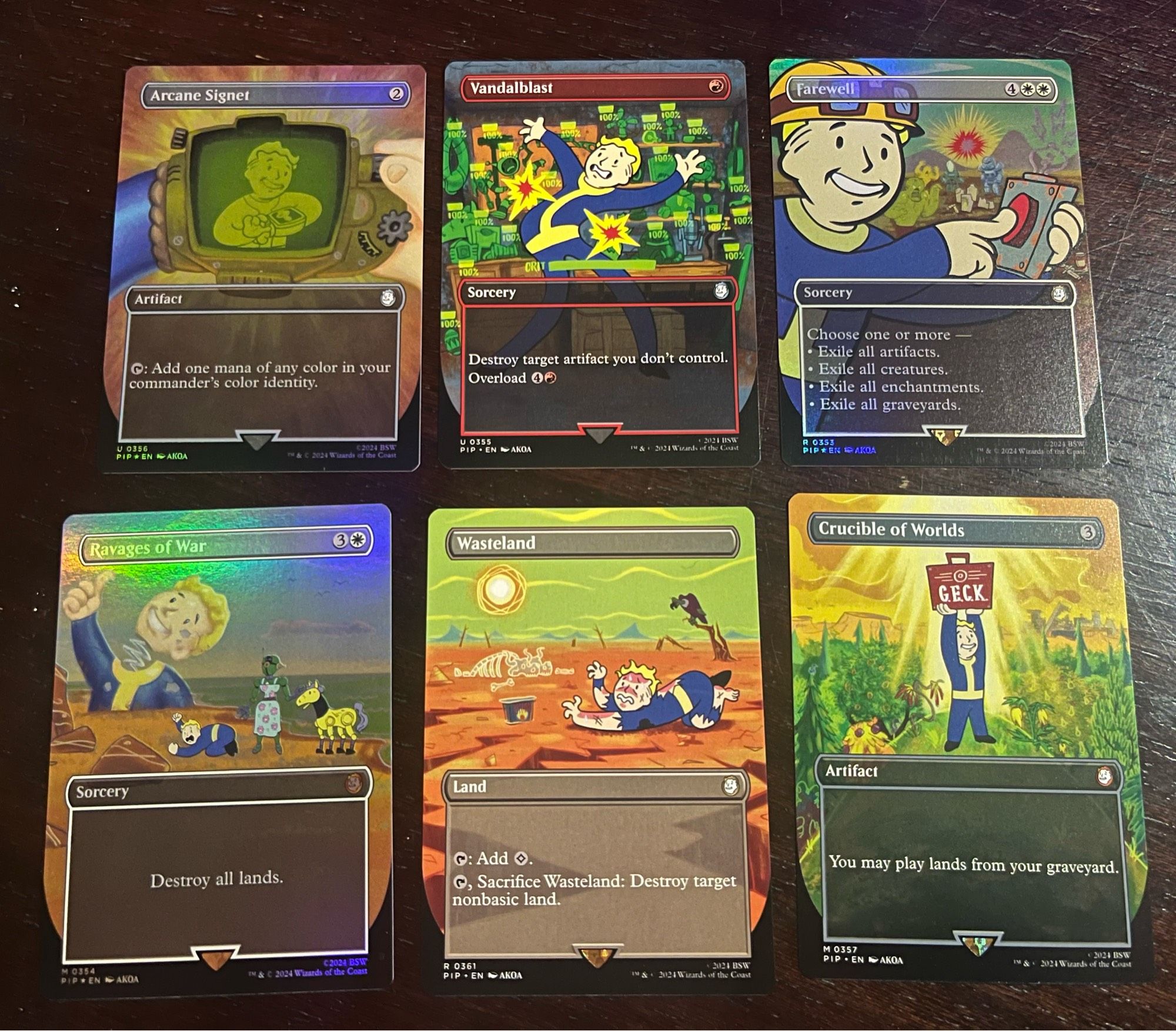 A picture of Vault Boy themed MTG cards: arcane signet, vandalblast, farewell, ravages of war, wasteland and crucible of worlds