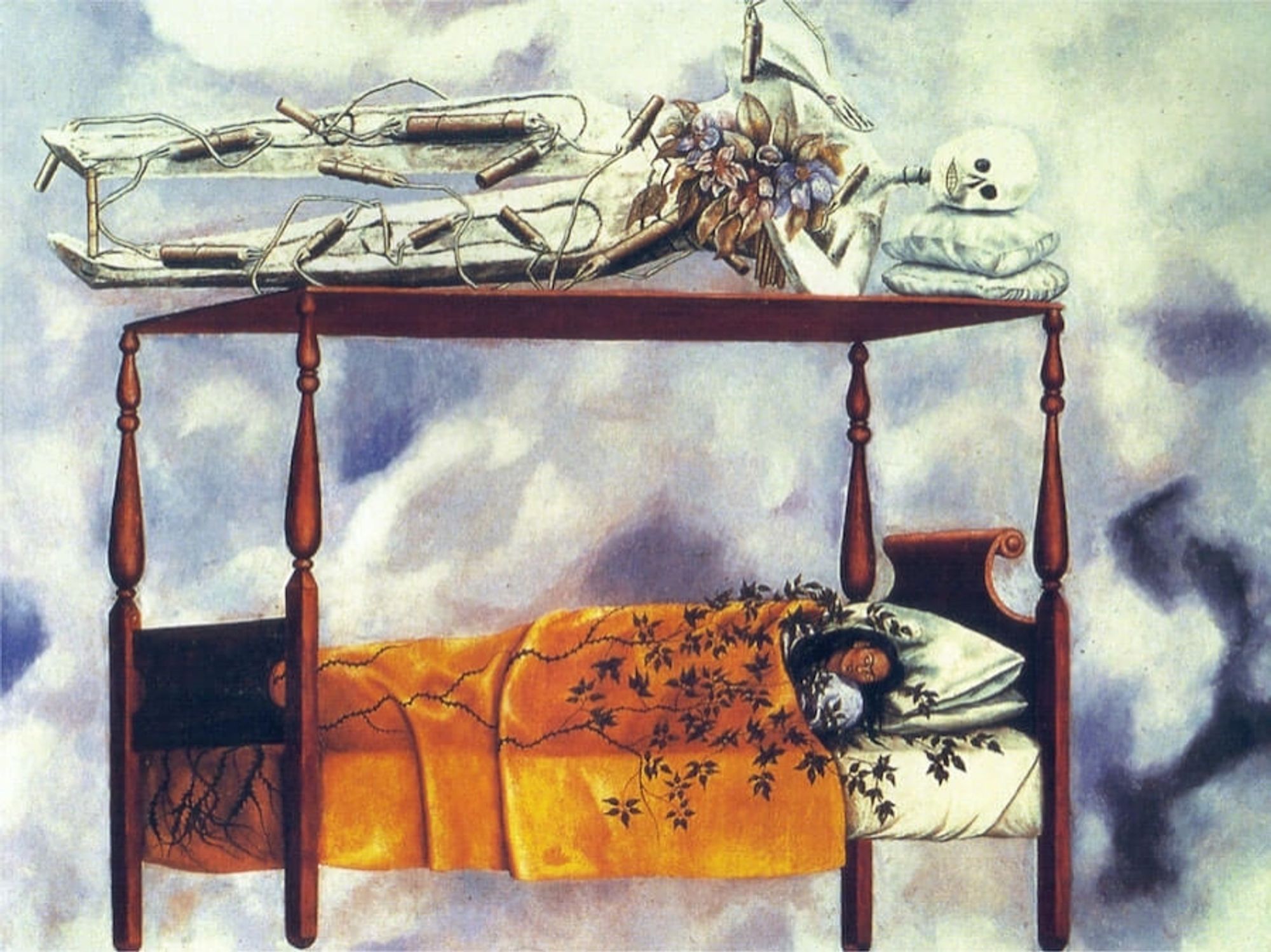 Auto retrato de Frida Kahlo deitada em uma cama. Ela está de olhos fechados, coberta por uma coberta com estampa de ramo de planta, cujas folhas saem da coberta e a envolvem. Em cima do dossel da cama está deitado um corpo branco, com rosto de esqueleto, segurando flores. A cama flutua em meio às nuvens.