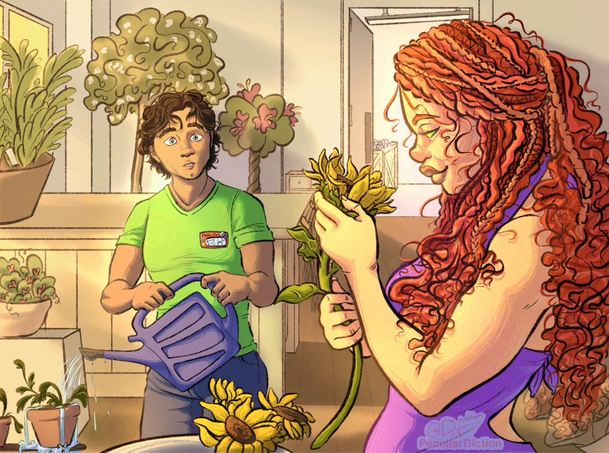 A scene of 2 characters- dc comics starfire and nightwing- in civilian clothing, standing in a flowershop. Nightwing (dick grayson) is staring at starfire (koriand'r) while she holds a sunflower and he over-waters a poor looking plant. Starfire has black features and goddess braids, while nightwing has Roma features. End id