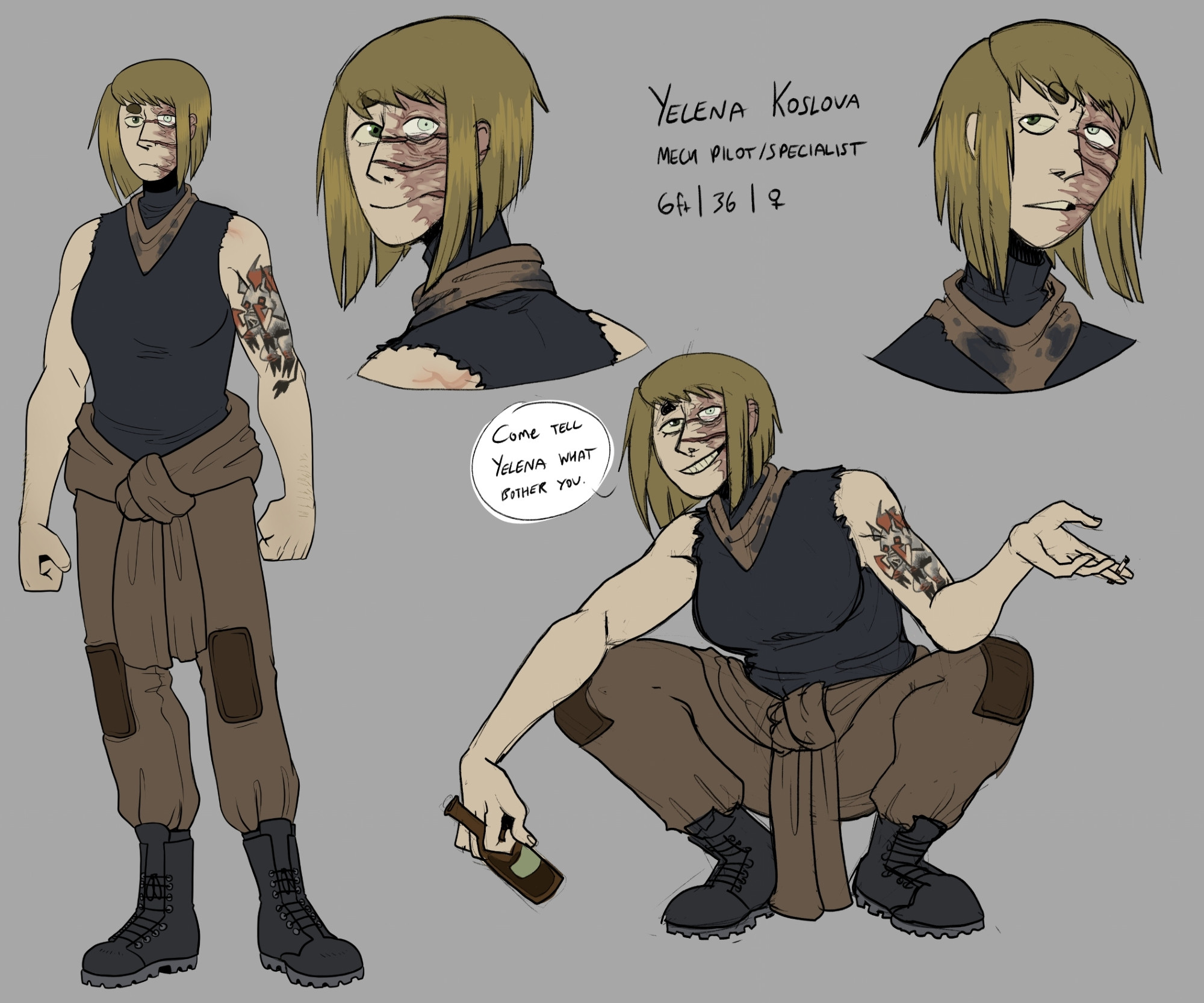 Yelena Koslova
- Mech Pilot/ Mechanic
6ft | 36 | Female

Tall, muscular russian woman with heavy scars on half her face and a big boar tattoo on her arm