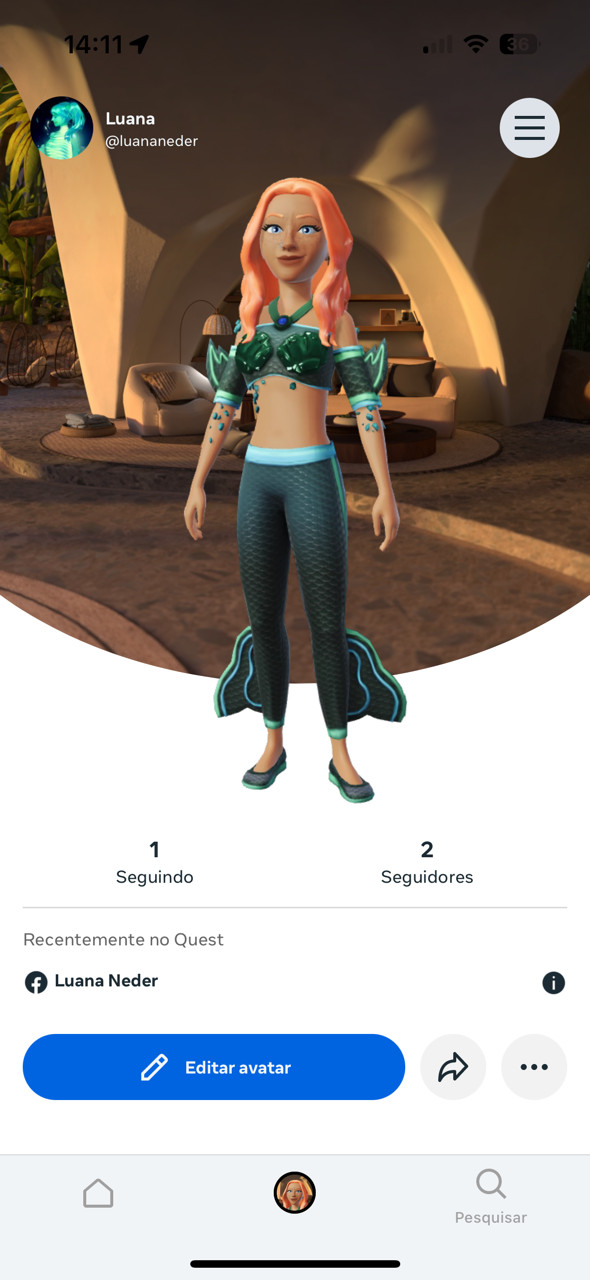 Cute Meta Quest avatar, on the “old” model (was the current until like yesterday), of a red haired girl wearing a green crop top with fish scales and green leggings pants with mermaid-like fins