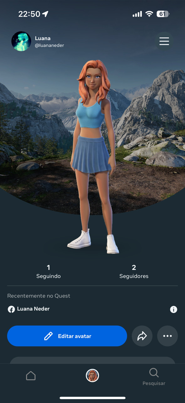 The new avatar, which looks too tall, too square-ish and that lost all previous clothes due to the redesign. New clothes are super generic and uncreative. The new hair also looks weird (and animates super weirdly in VR).

She’s wearing a blue simple crop top and a blue simple skirt.