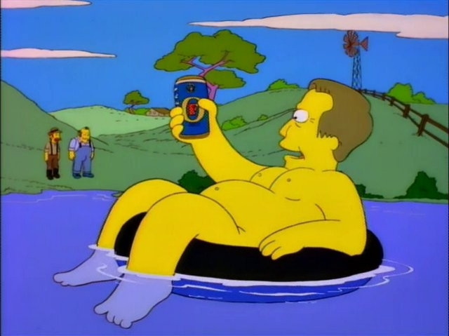 andy the australian prime minister floating in a lake holding up a cam of foster's beer and saying "hi mates! what's the good word?" from season 6 episode 16, "bart vs australia"