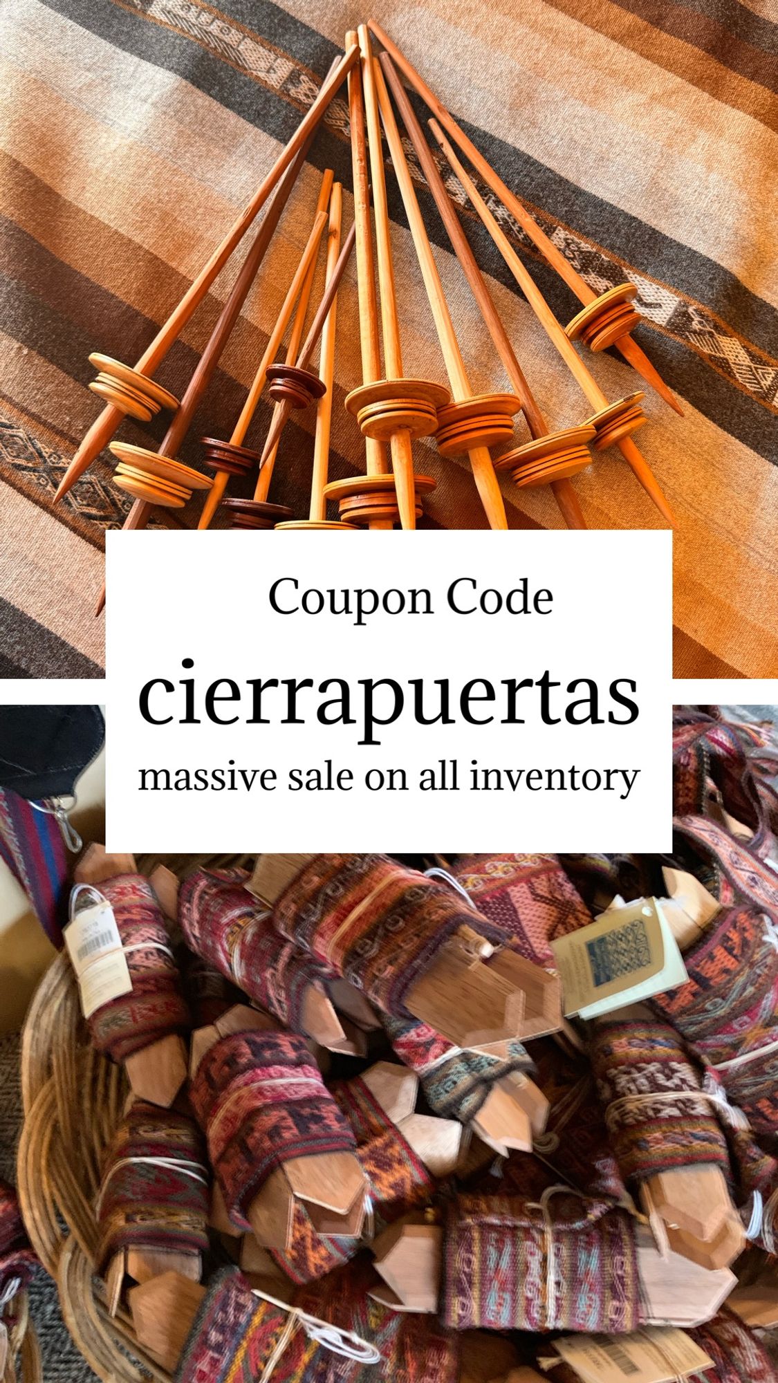 Special spindles, Andean weaving, Coupon Code
cierrapuertas
massive sale on all inventory