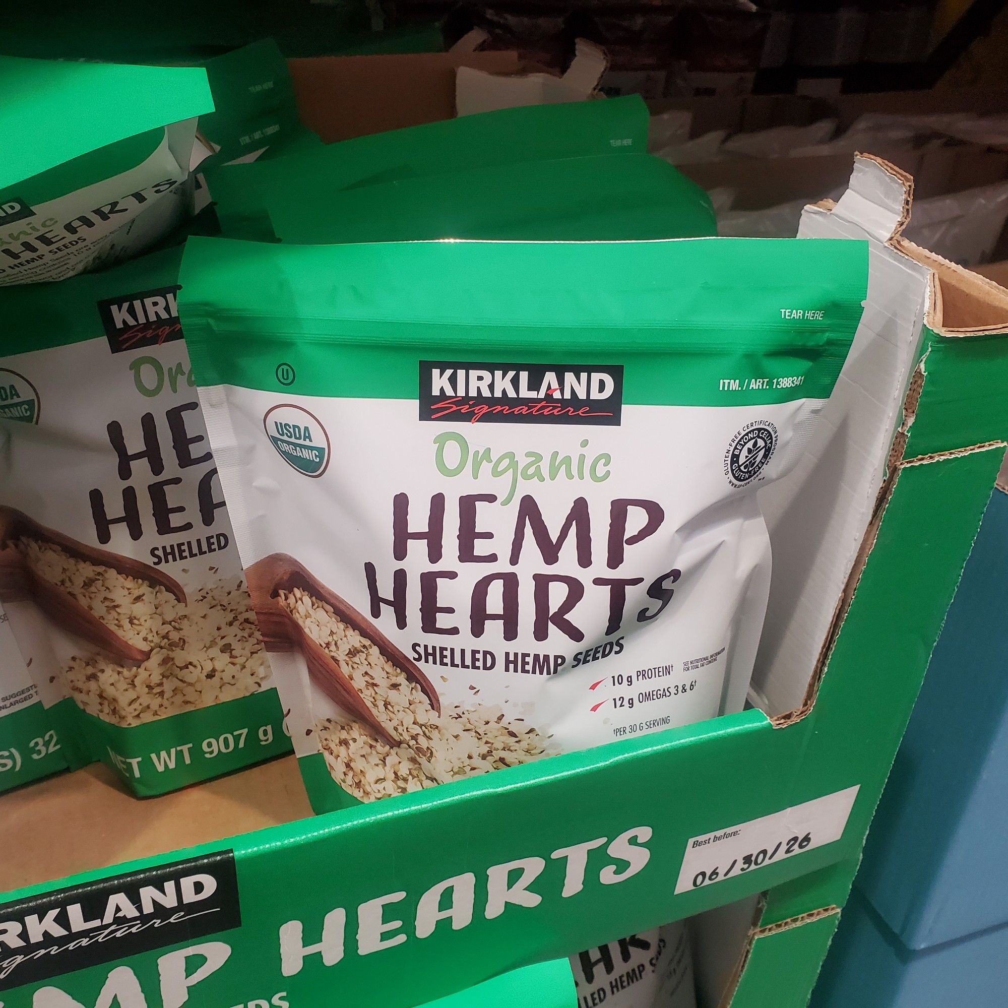 Photo of a package of hemp hearts on a grocery store shelf.