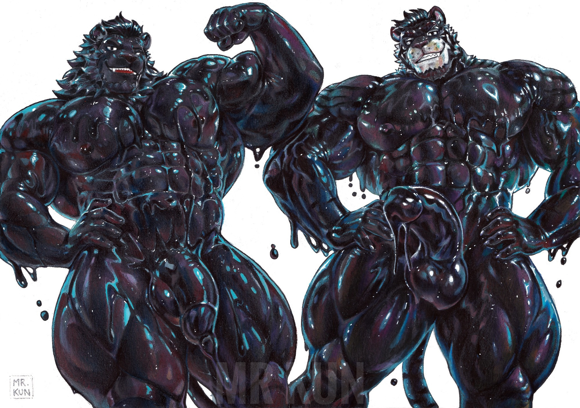 A traditional, color pencil illustration od two highly muscular anthropomorphic big cats, one lion and one tiger, standing side by side, made by a dripping, glossy black goo liquid that reflects highlights in blue and purple tones. The lion on the left flexes one arm and smiles with a confident expression, while the tiger on the right stands with hands on hips, grinning with a slightly more mischievous look. The style is highly detailed with strong shading and vibrant reflective effects