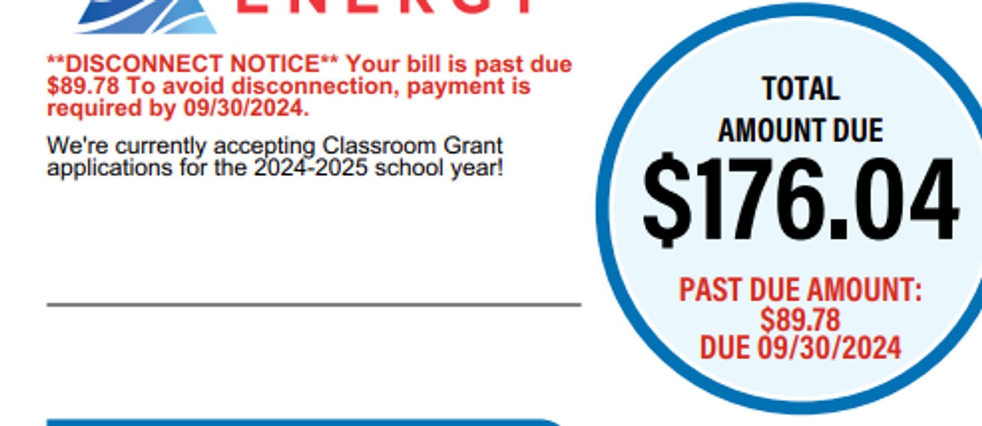 Past due electric bill in amount of 89.78 Due by 9/30/2024