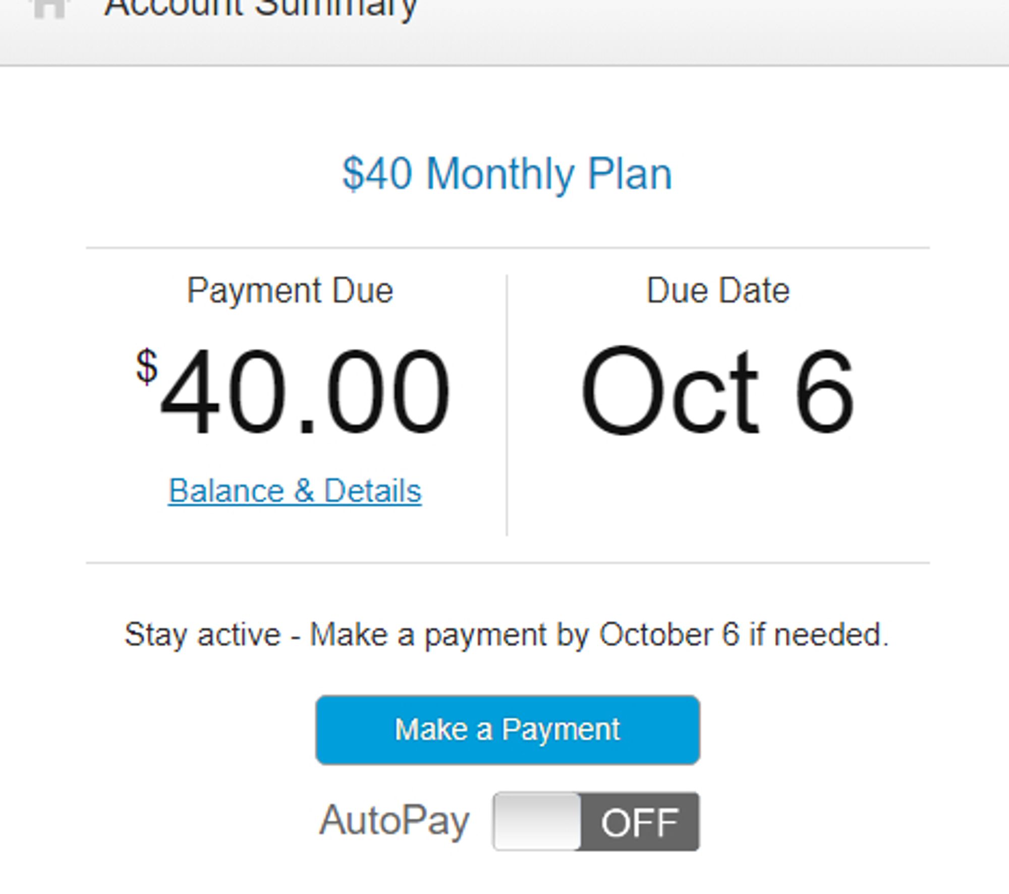 Upcoming Phone Bill, $40 by Oct 6th