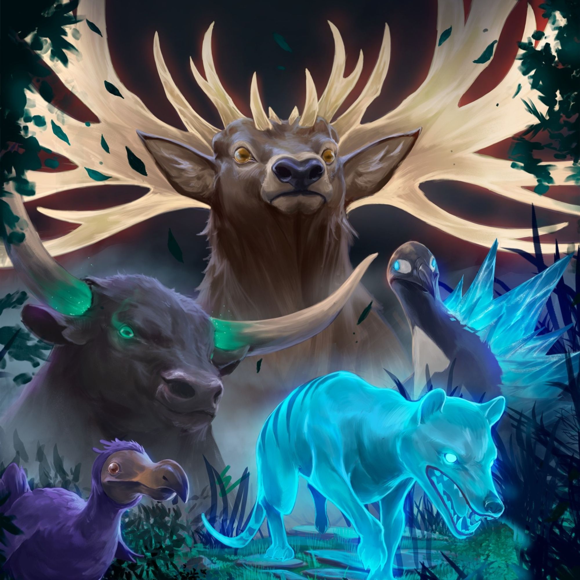 Five creatures stand arrayed in a background like mystical forest in this cover image for Book of Extinction, a bestiary of extinct animals for D&D 5th Edition. A purple dodo bird occupies the bottom left corner beside a stalking, blue-green, semi-transparent wolf-like thylacine. Above them are an aurochs, lit with an inner green light of growth and fecundity, and a great auk, its back sprouting icy spikes like the arctic waters it once inhabited. Above them spread the magnificent antlers of a eucladoceros, like those of an elk but much larger, shedding a warm solar radiance from within like the monstrous sun deer eucladoceros inspired for Book of Extinction.