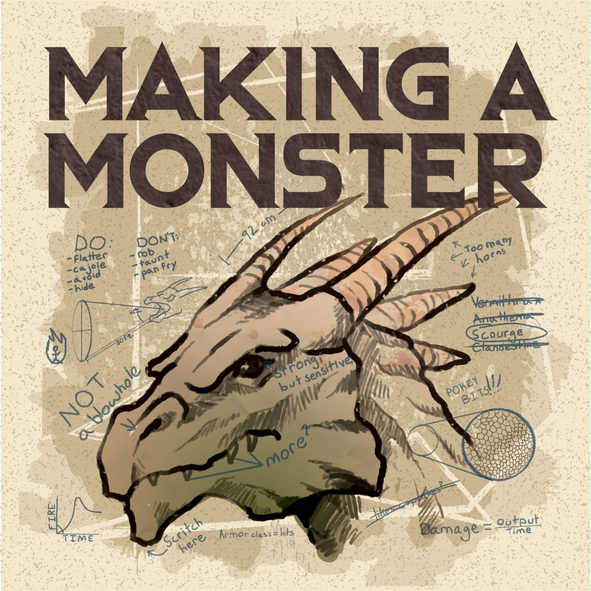 On this square cover image for a podcast, the head of a dragon is illustrated in sepia tones on parchment and annotated in blue chalk, showing helpful advice like "give chin scritches" and "this nostril is NOT a blowhole." The masthead reads  "Making a Monster" in wide block letters.