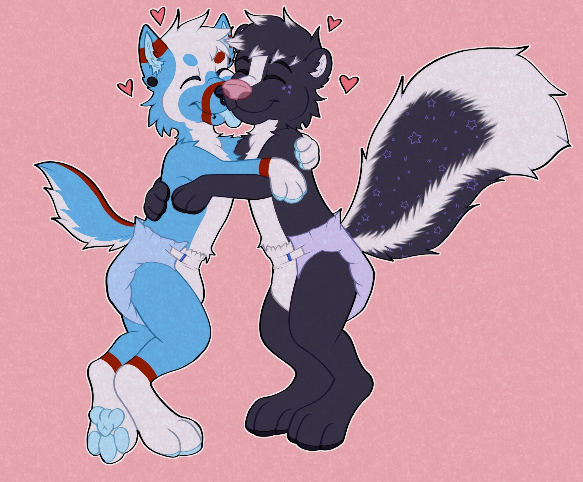 A red white and blue wolf hugging his starry black and white skunk boyfriend, both padded.