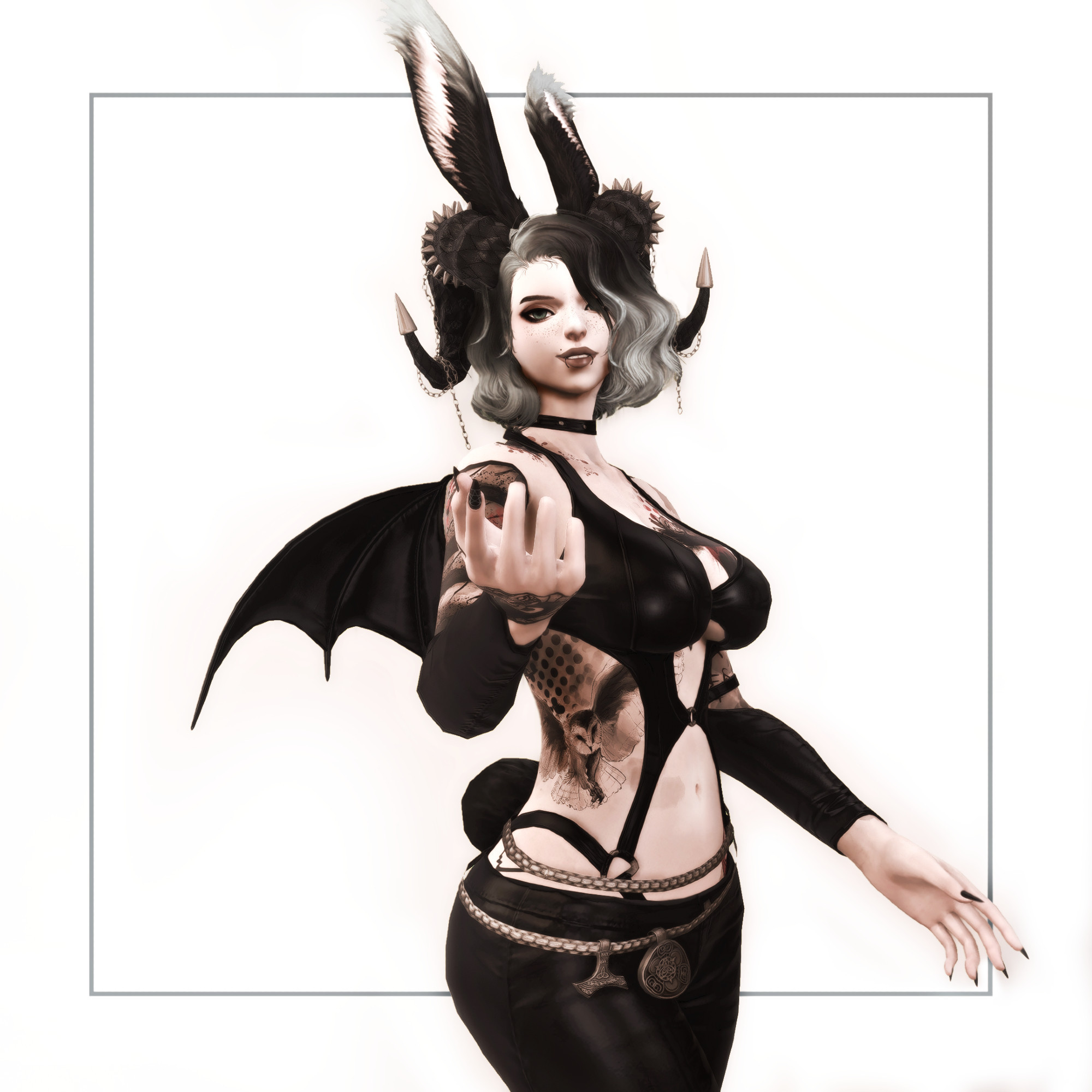 FFXIV viera woman with bunny ears wearing tight/revealing leather with leather bat wings and spiky horn accessories