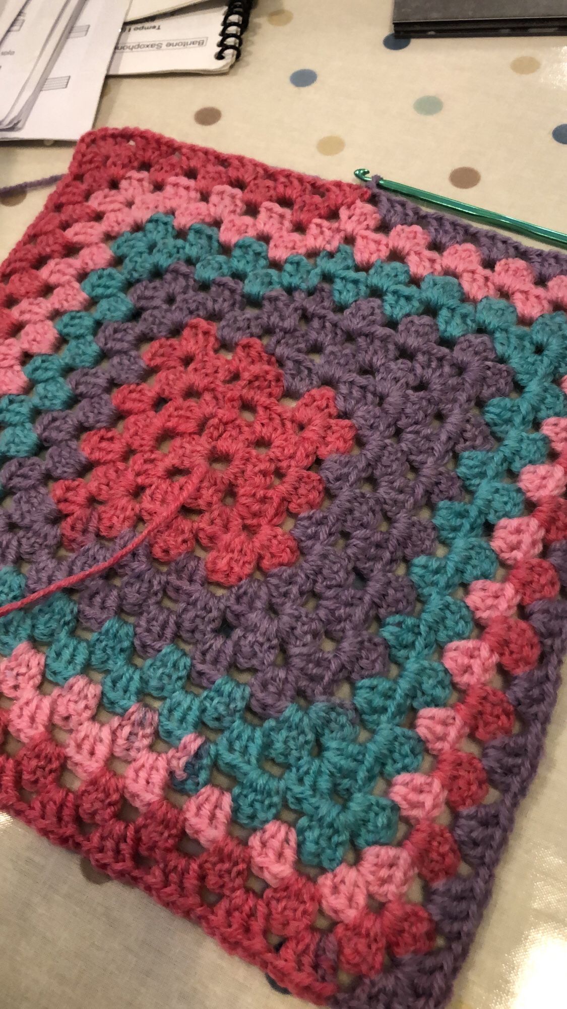 Pinks, lilac and turquoise traditional granny square crochet - ball of yarn kindly donated by one of my lovely neighbours - it’s going to be a little cot blanket going to the Special Care Baby Unit in Halifax 🥰