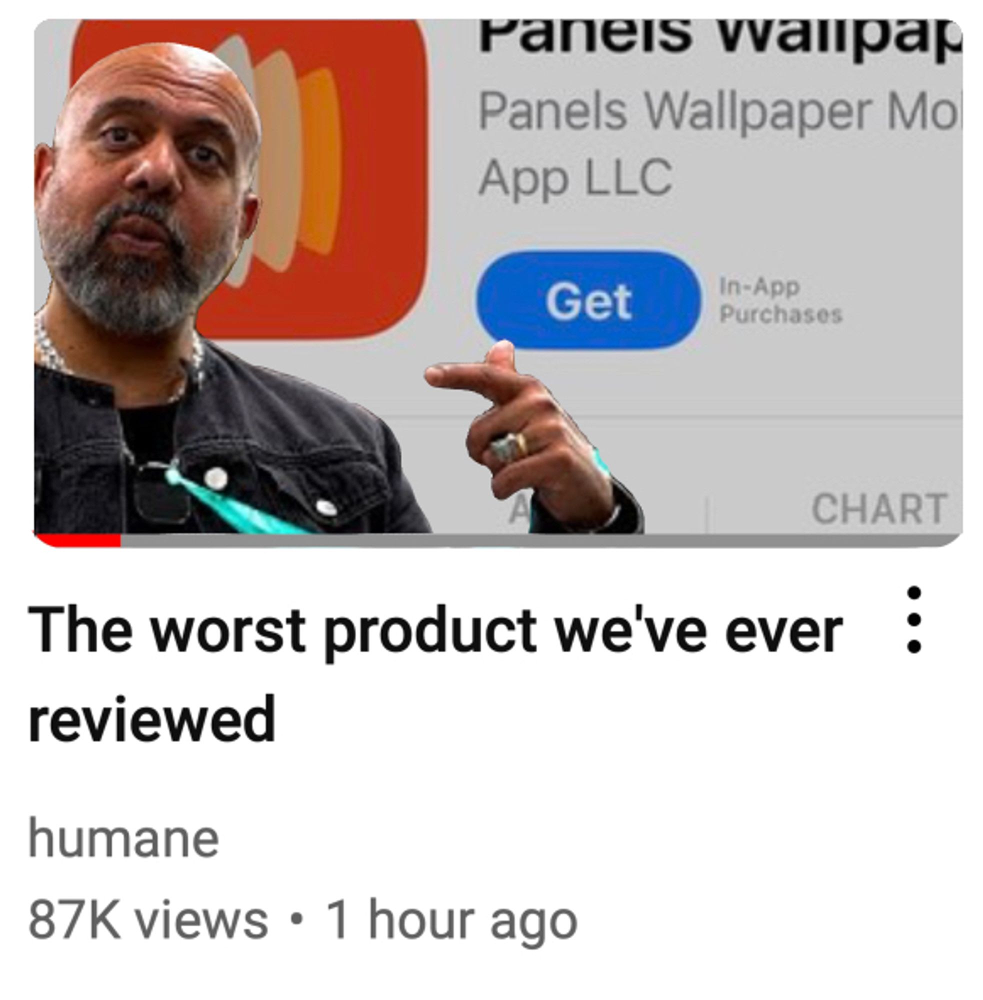 YouTube video by Humane called "The worst product we've ever
reviewed" with a thumbnail of the Humane CEO on a background of MKBHD's new app, Panels.