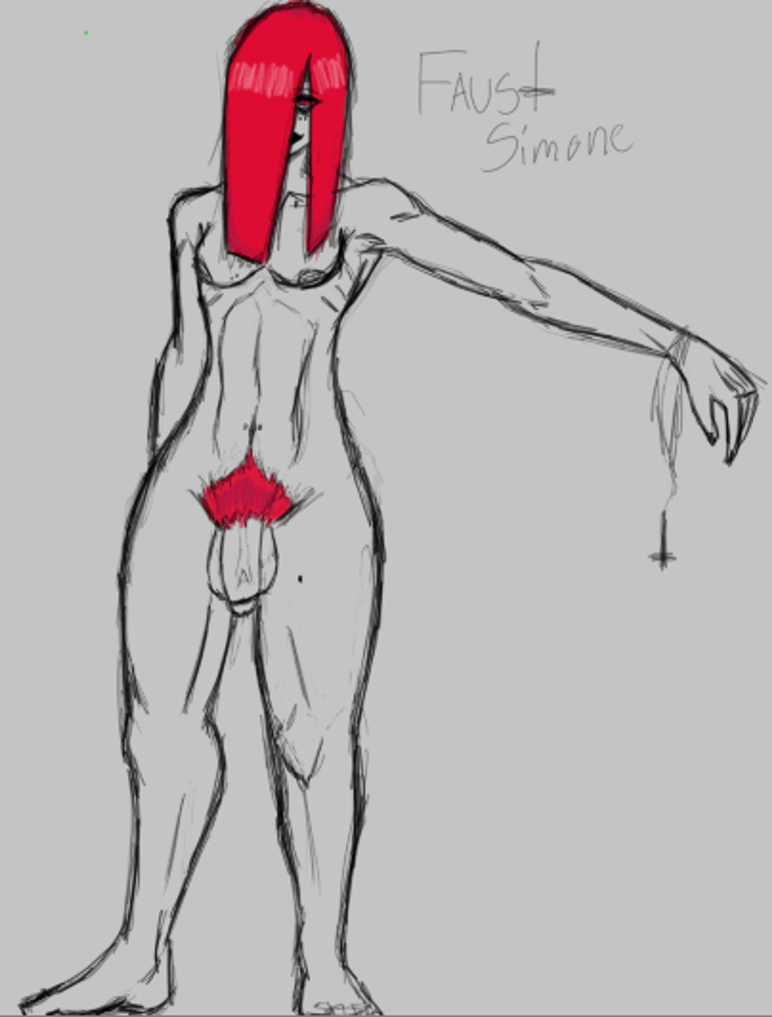 Faust Simone: a trans woman with long red hair, standing naked facing the viewer, with her right arm behind her hip and the other outstretched lazily with a Saint Peter's cross tied around the wrist via a string. She has small breasts, but wider hips and a large cock. She has unkempt pubic hair that is also red. She is also wearing heavy eye make up and lipstick.