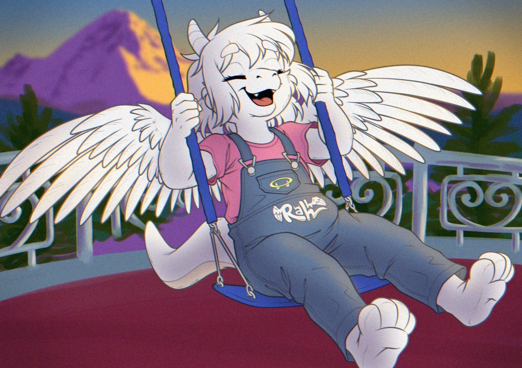 Elly's fursona, a feather dragon named Rebecca. She's wearing a pink shirt denim overalls, an outfit similar to one I have hanging in my closet. On the front of the overalls is the "Rahh" tattoo I have on my right forearm in her memory. She's swinging happily with her wings outstretched, with a sunset to her left and Mount Rainier behind her. She's drawn here as a happy young child, the way I know she'd want to be remembered.