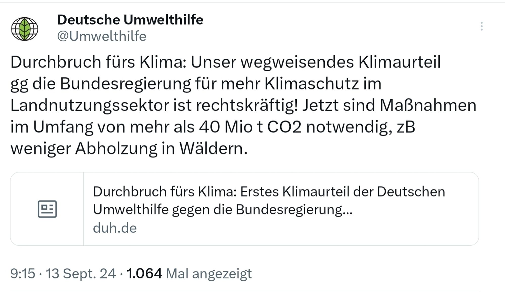 DUH, klimaurteil gegen die Bundesregierung Maßnahmen von mehr als 40 Millionen Tonnen CO2 sind notwendig