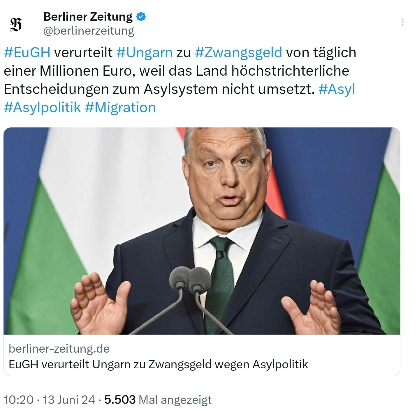 Berliner Zeitung Ungarn muss täglich Zwangsgeld zahlen weil  höchstrichterliche Entscheidungen zum Asylsystem nicht umgesetzt werden