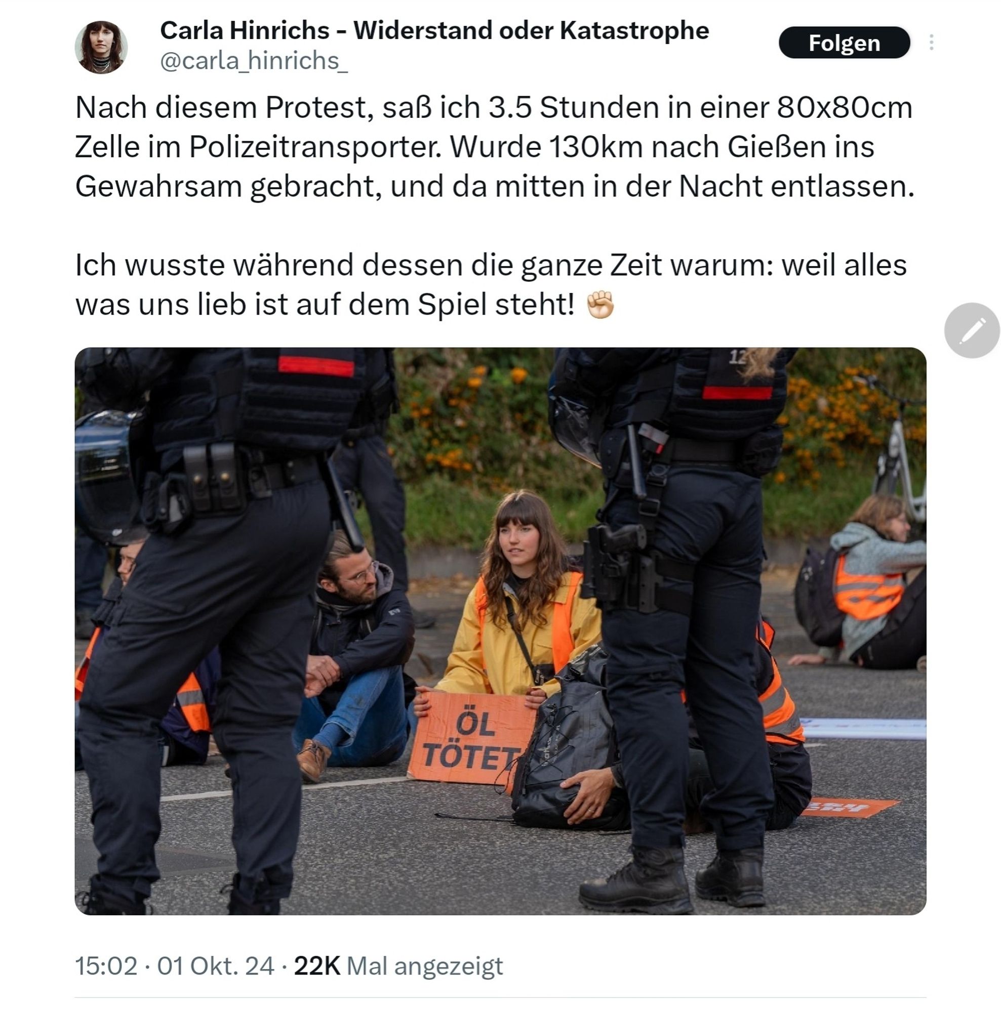 Carlein Hinrichs, von polizei in Gewahrsam genommen später in der Nacht freigelassen