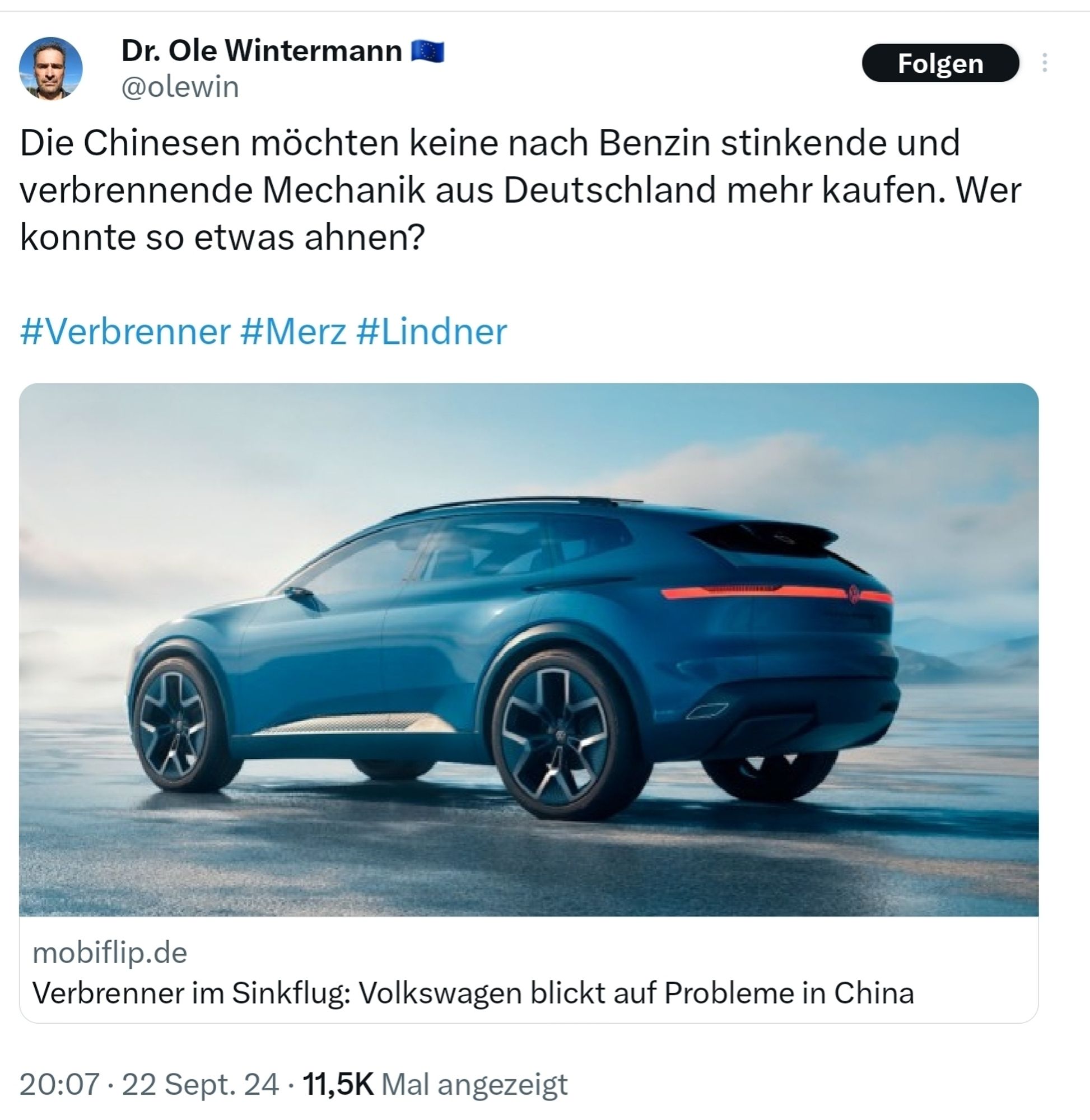 Dr Ole wintermann, die Chinesen mögen keine Verbrenner mehr.