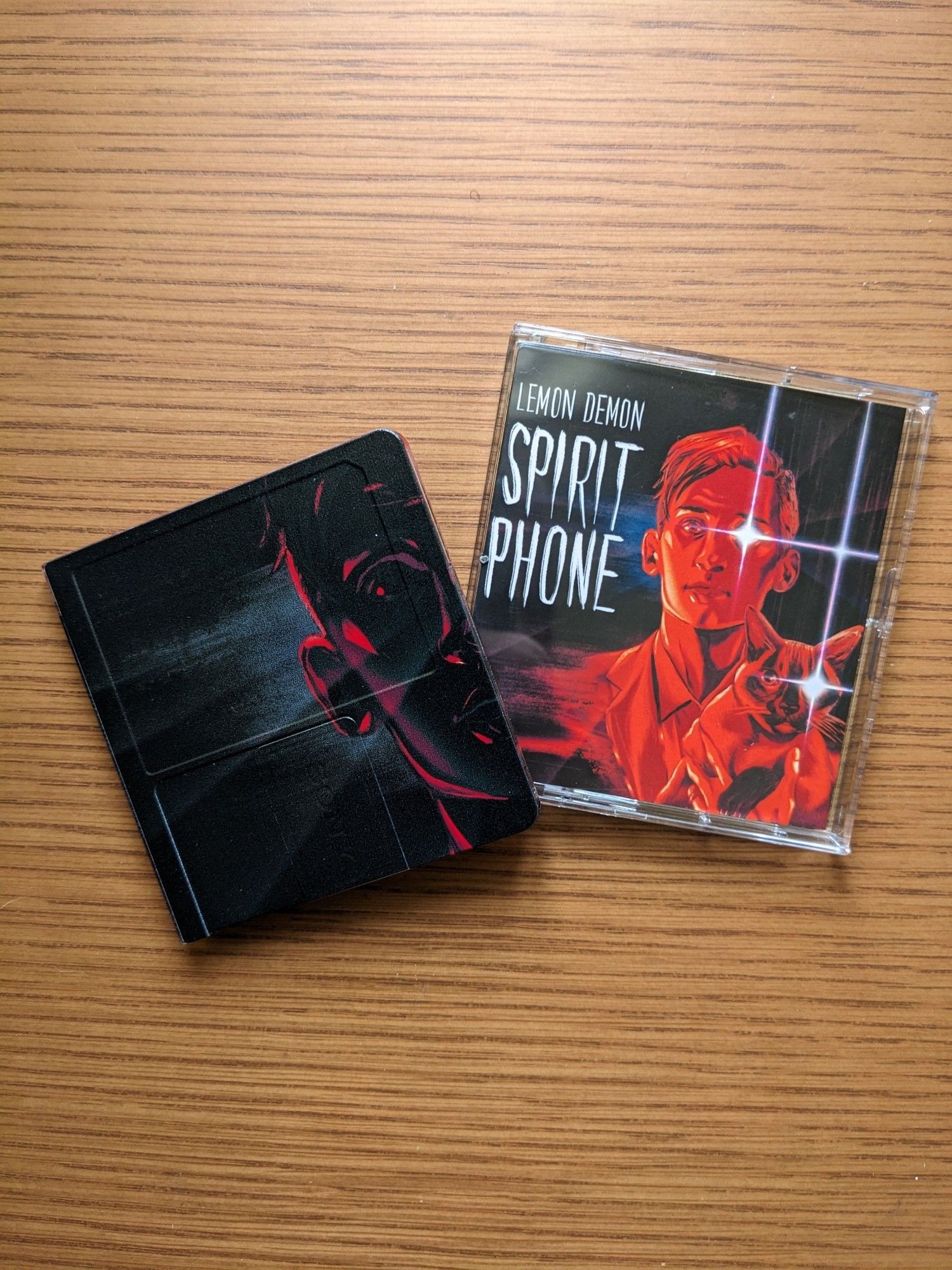 Lemon Demon's SPIRIT PHONE on mini disc, featuring a Ming Doyle cover of a man holding a cat, their eyes glowing like Stars against a night sky.