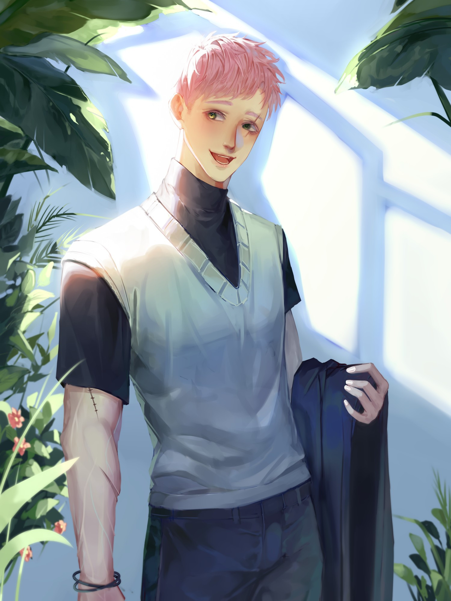 A drawing of a young man standing in the midst of plants