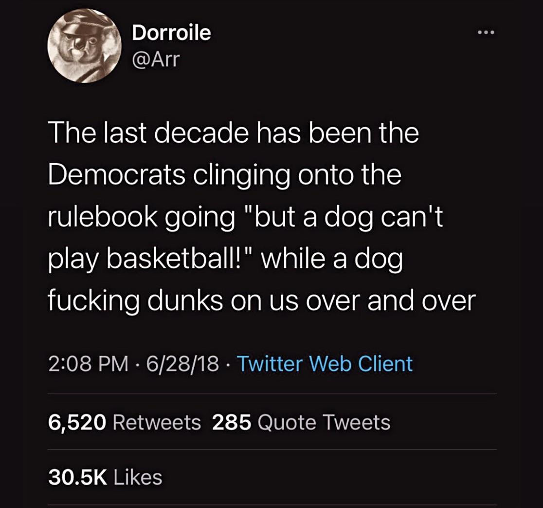 Tweet from @Arr

The last decade has been the Democrats clinging onto the rulebook going "but a dog can't play basketball!" while a dog fucking dunks on us over and over