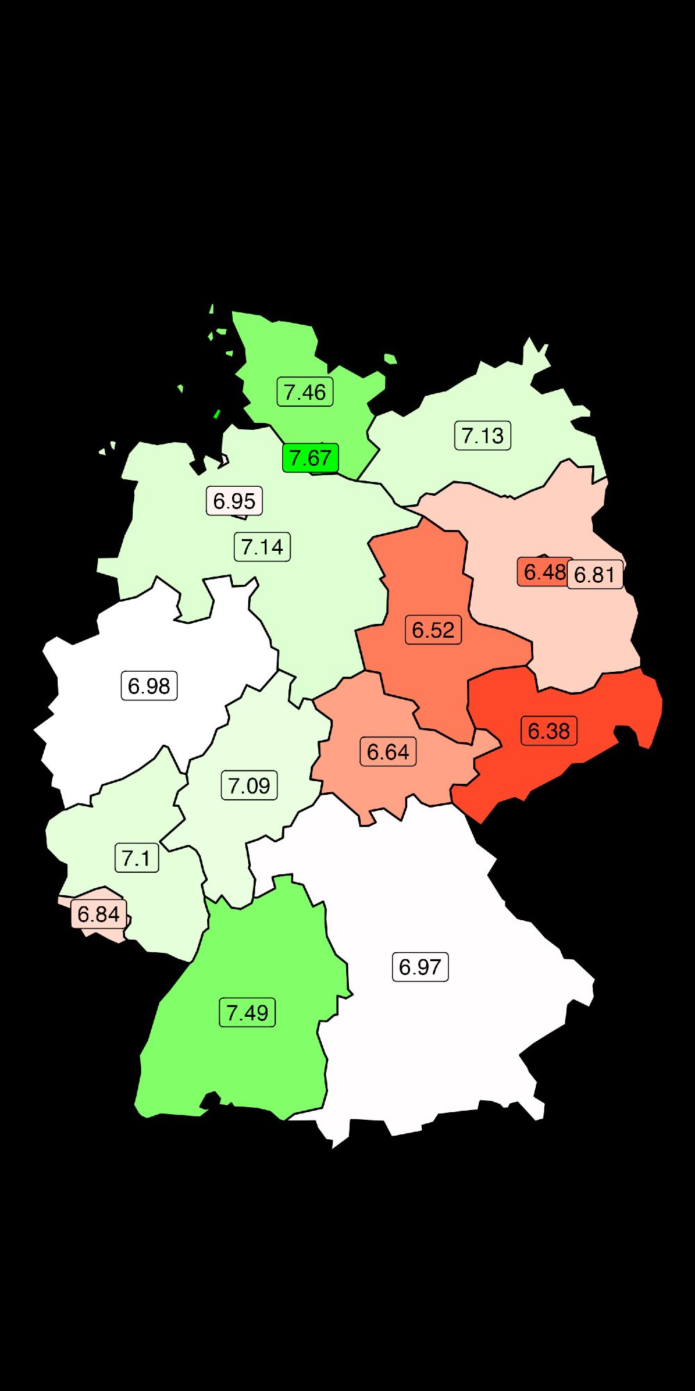 A map of German states with the average evaluation of people from each state.