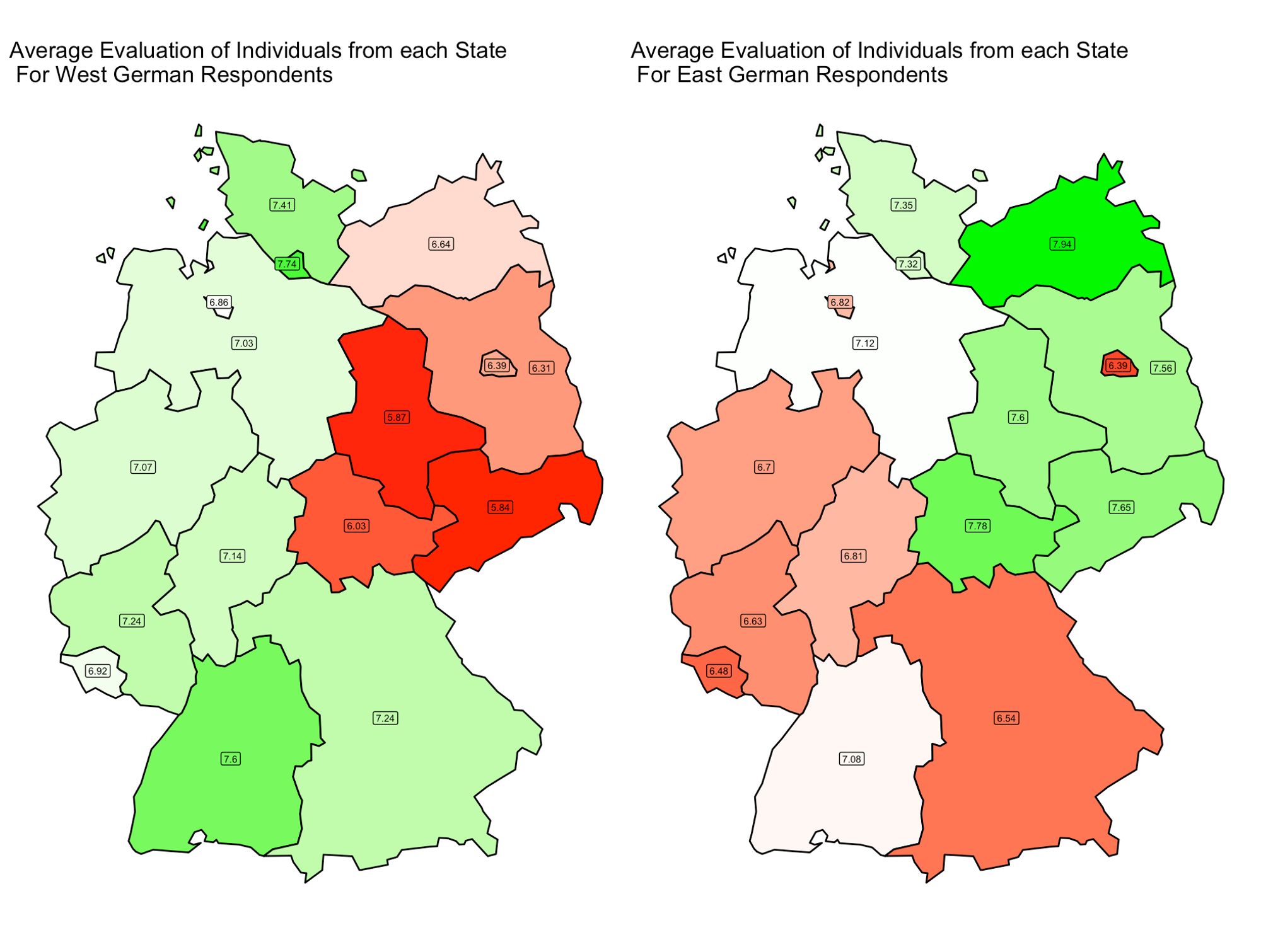 A map of Germany with different evaluation of states by east and west german respondents