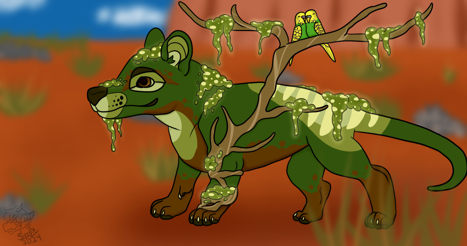 Art of Forest Spirit, a thylacine oc with a branch growing out of its forelimb where two budgies are resting. Scenery is from the Australian outback during the day.