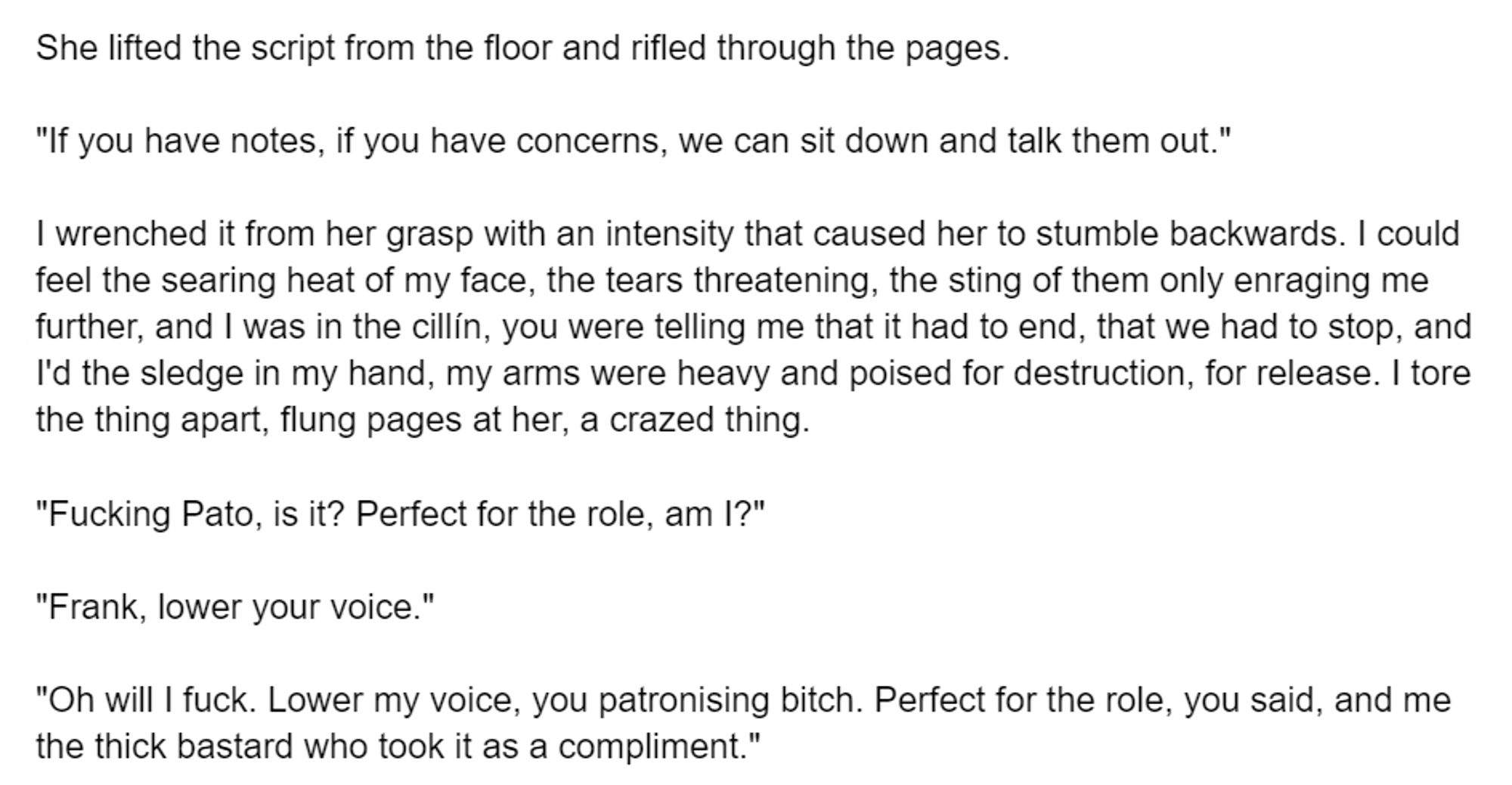 She lifted the script from the floor and rifled through the pages.

"If you have notes, if you have concerns, we can sit down and talk them out."

I wrenched it from her grasp with an intensity that caused her to stumble backwards. I could feel the searing heat of my face, the tears threatening, the sting of them only enraging me further, and I was in the cillín, you were telling me that it had to end, that we had to stop, and I'd the sledge in my hand, my arms were heavy and poised for destruction, for release. I tore the thing apart, flung pages at her, a crazed thing.

"Fucking Pato, is it? Perfect for the role, am I?"

"Frank, lower your voice."

"Oh will I fuck. Lower my voice, you patronising bitch. Perfect for the role, you said, and me the thick bastard who took it as a compliment."