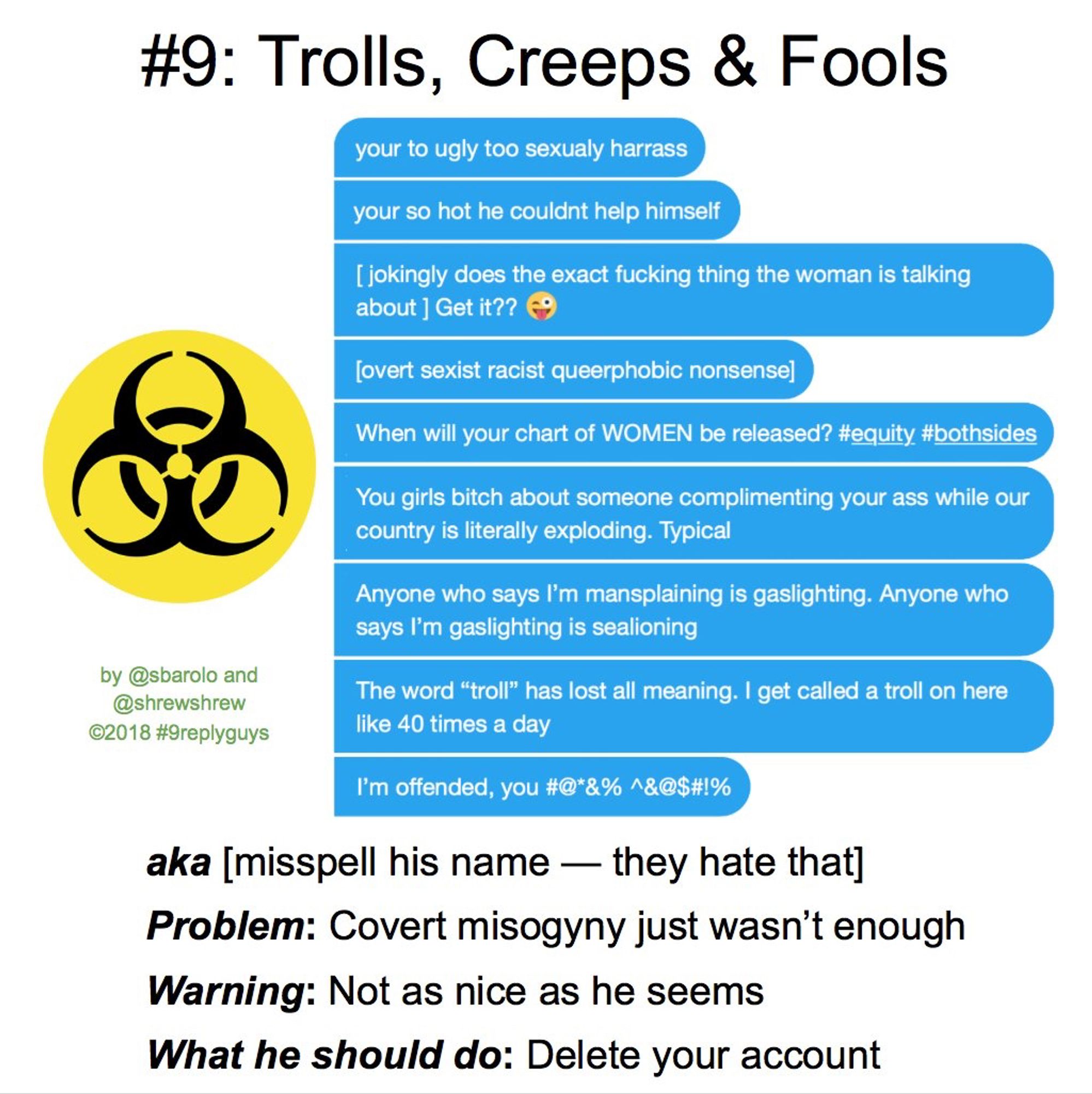 #9ReplyGuys #9: TROLLS, CREEPS & FOOLS

Your to ugly too sexualy harass
Your so hot he couldn't help himself
[Joking does the exact thing the woman is talking about] get it?? :p
[overt sexist racist queerphobic nonsense]
When will your chart of WOMEN be released?
You girls b*ch about someone complimenting your ass while our country is literally exploding.
Typical
Anvone who says l'm mansplaining is gaslighting. Anyone who says I'm gaslighting is sealioning
The word "troll" has lost all meaning. I get called a troll on here 40 times a day
I'm offended, you #@&$€#%

AKA: [misspell his name--they hate that]
Problem: Covert misogyny just wasn't enough
Warning: Not as nice as he seems
What He Should Do: Delete his account