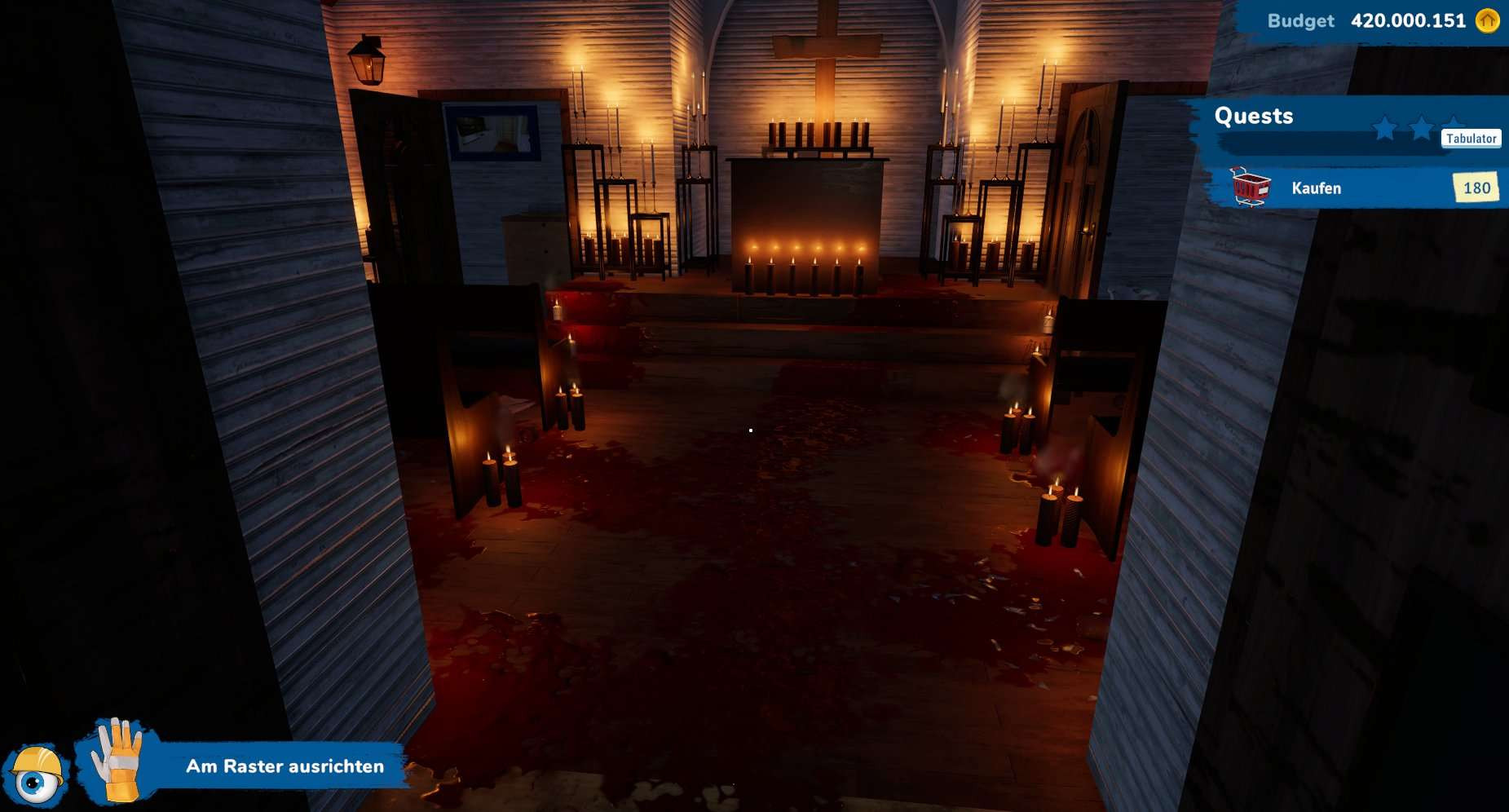 the little church from Midnight Mass, with candles lit among the few pews and the altar, and there's a lot of blood everywhere on the floor, with the house flipper overlay in superimposed on it.