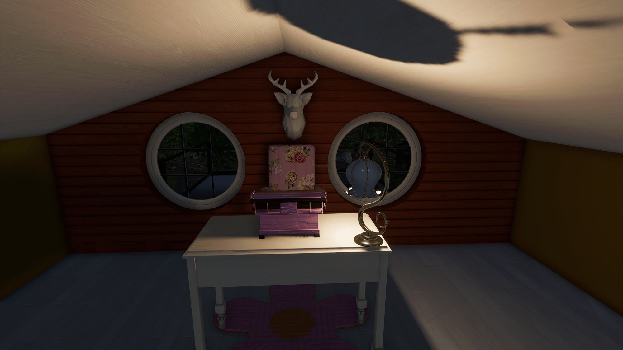 the same room with the two round windows, pink chair and pink typewriter, but this time at night and moodily lit.