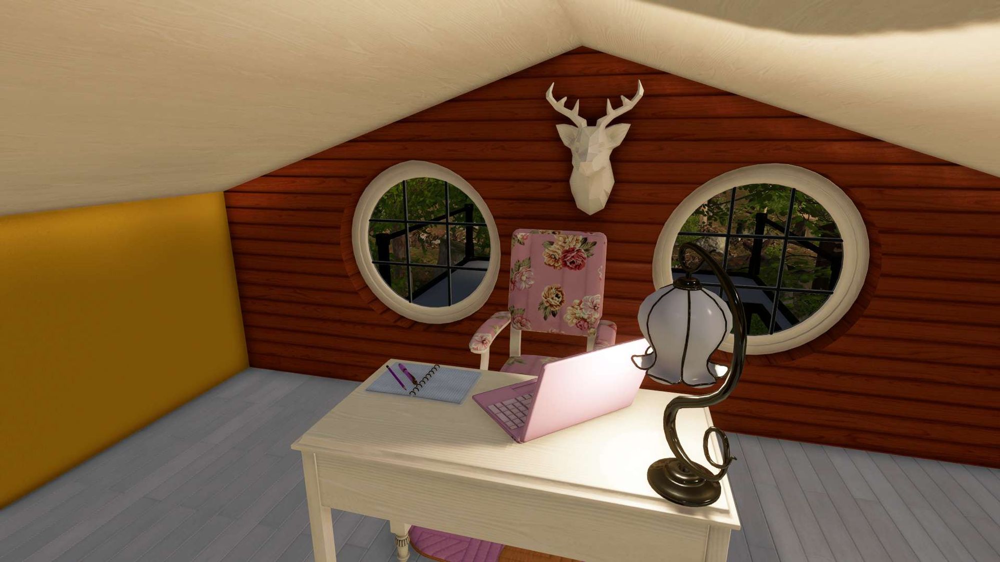 the same room with two round windows and a red wooden wall. a pink office chair is behind a white wooden desk, a pink laptop is on it and a desk lamp with a lampshade in the form of a hanging flower. The room is now well-lit and you can see the white floor and yellow wallpaint