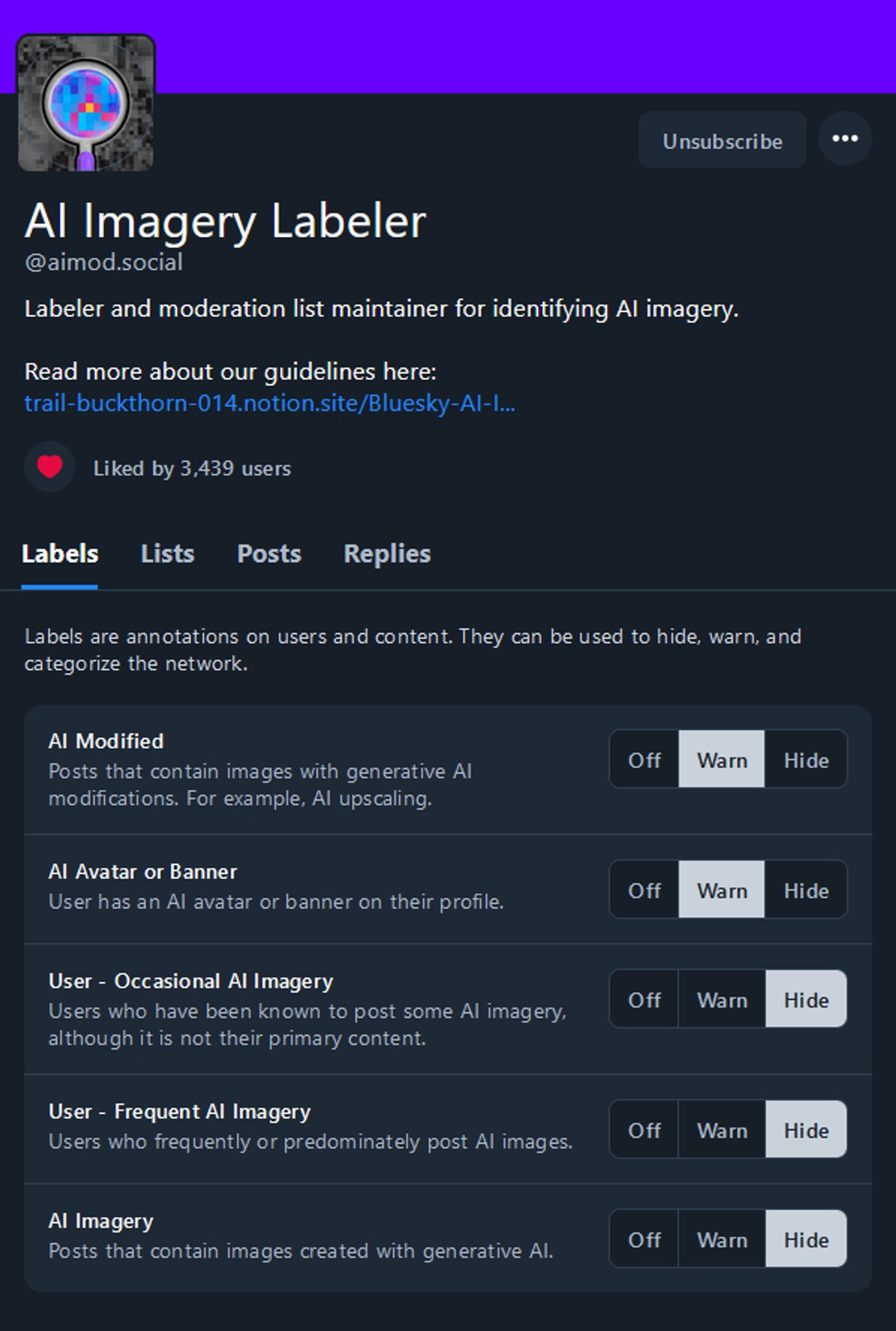 uma imagem de um etiquetador de imagens IAs criado pela moderação do bluesky 
se inscrevendo nele ele não so te avisa quando um usuario usa conteudo IA como voce também pode ocultar publicações do mesmo