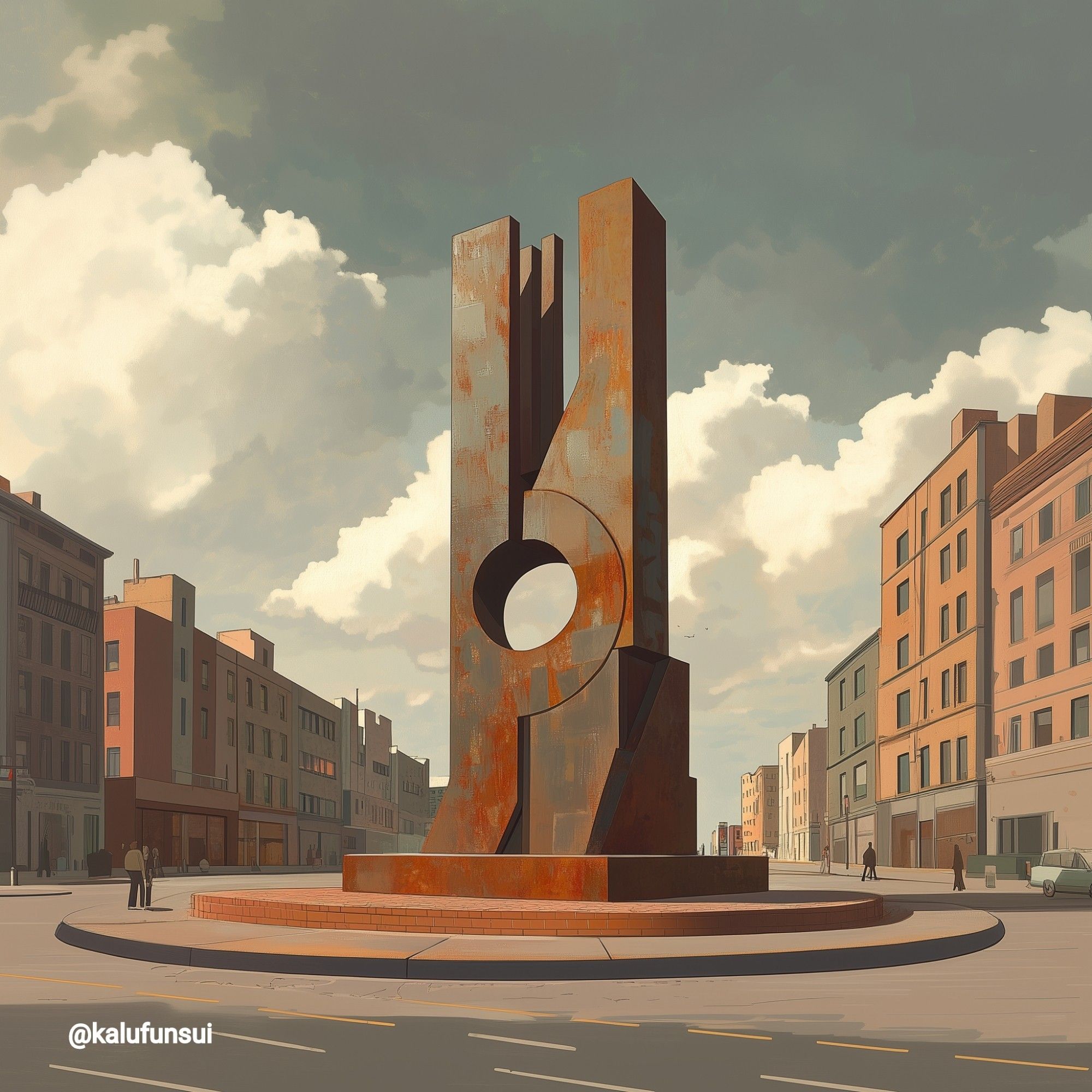 The image shows a large, abstract metal sculpture placed in the middle of a city roundabout. The sculpture is rusted, giving it a weathered, industrial appearance, and consists of geometric shapes, including a large circular hole in the center. Surrounding the sculpture are several multi-story buildings with a slightly muted color palette, typical of urban architecture. A few cars are parked along the street. The sky is partly cloudy, with soft sunlight illuminating the area, creating a calm and peaceful atmosphere.