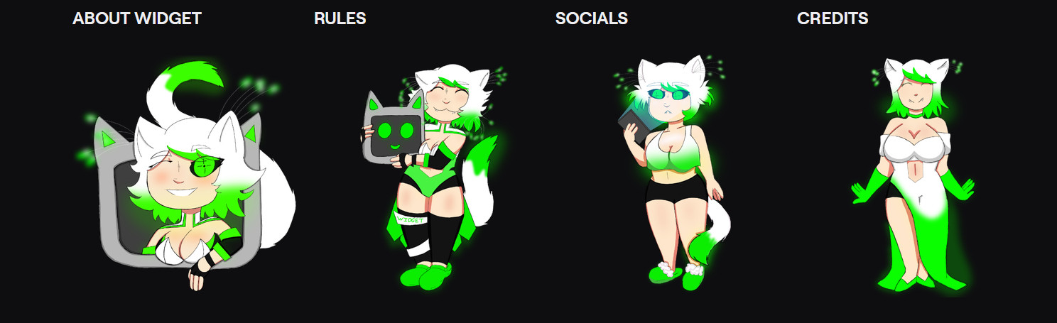 A set of 4 colored sketch-style Twitch channel panels, featuring different poses and outfits of V-Tuber WonderousWidget