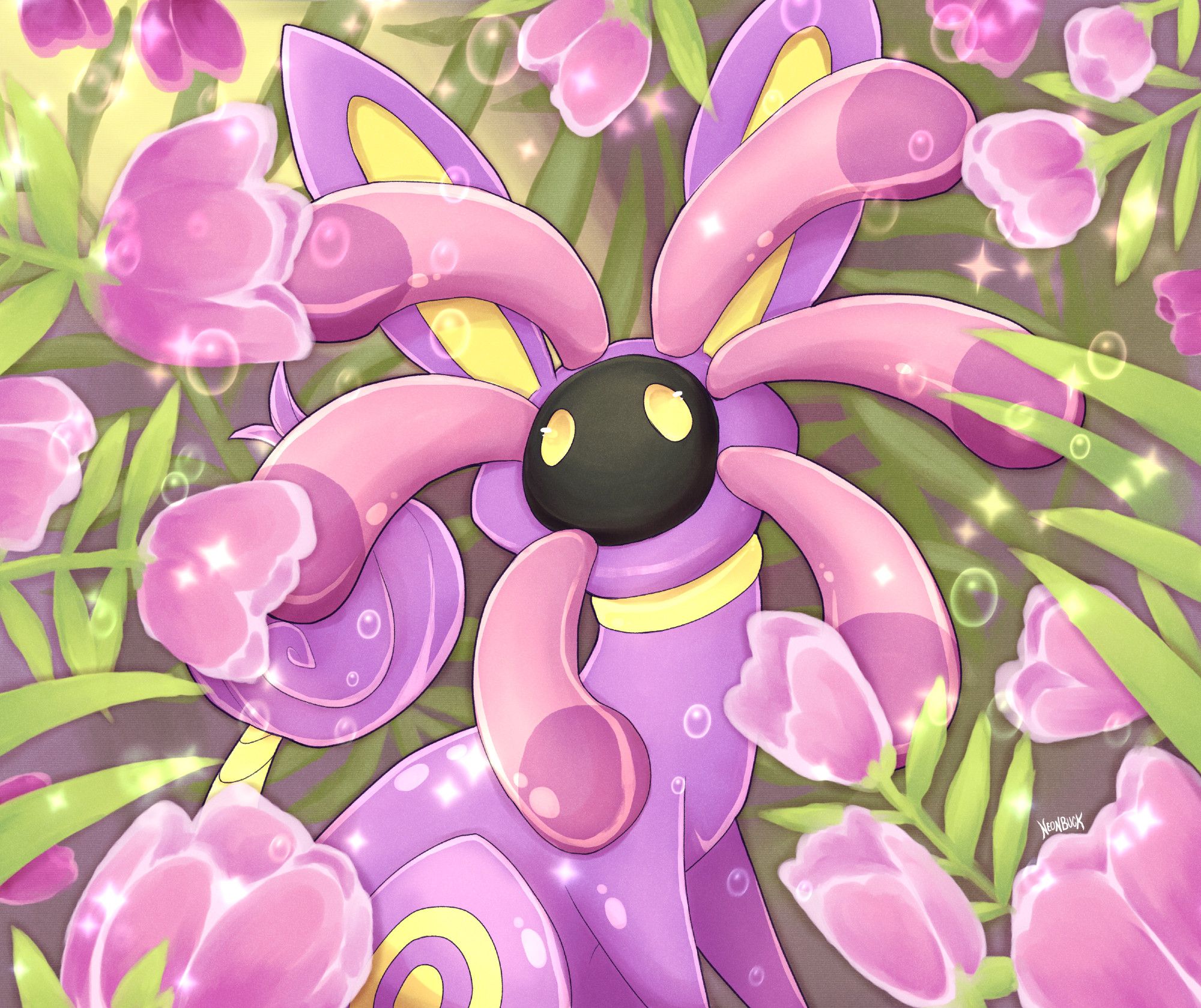 digital illustration of a pokemon OC, an eevee with the colors, face and tentacles of a lileep. it is looking up toward a beam of light, and is surrounded by bubbles, stars, and pink flowers.