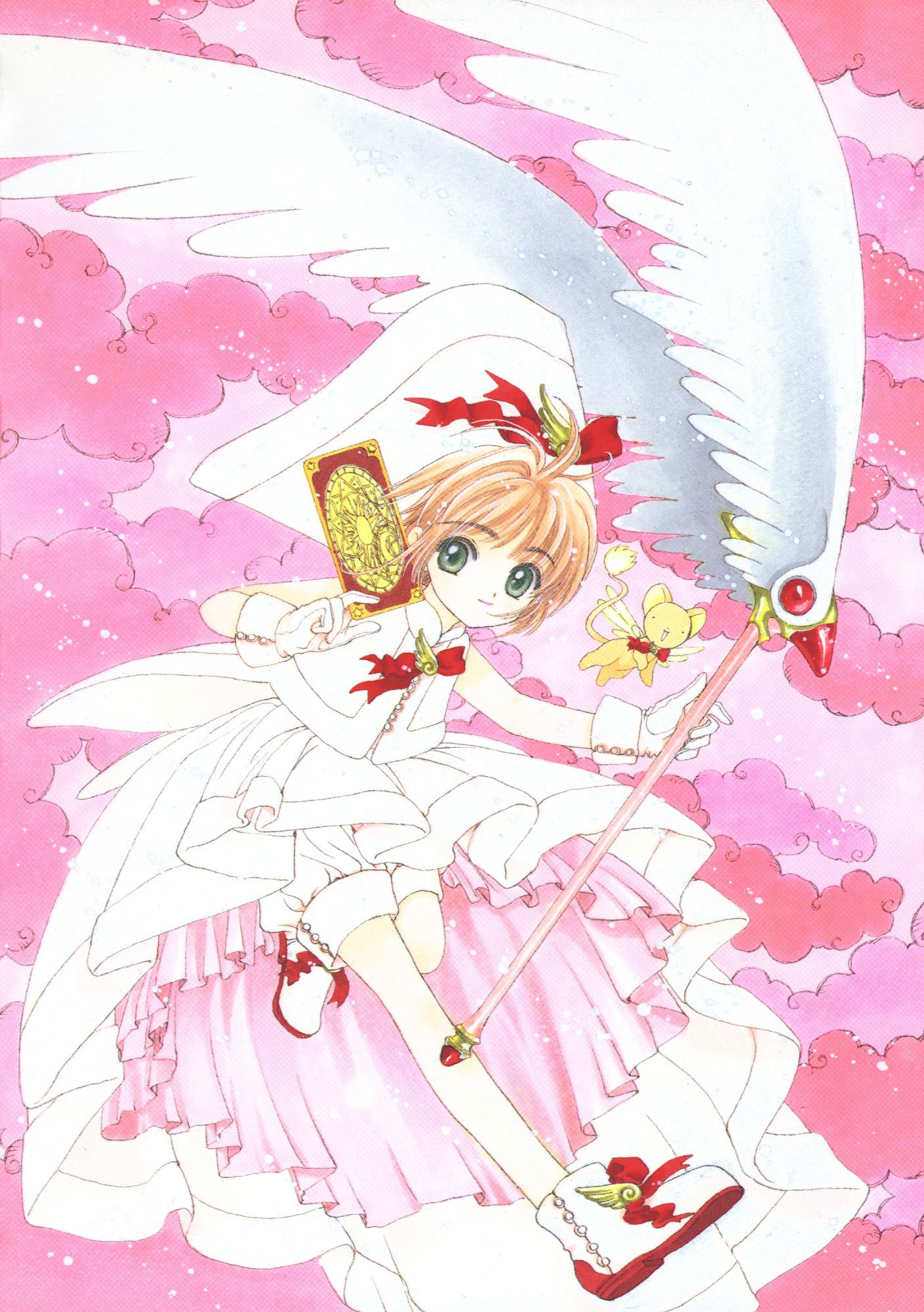 Sakura in a poofy white 2-piece dress, with red accents and pink undercoat.  She has a very large white hat with a red bow on the front that's pinned with a yellow wing charm.  The Clow staff with Fly wings is in one hand, a Clow card in the other, and she's leaping through pink clouds.